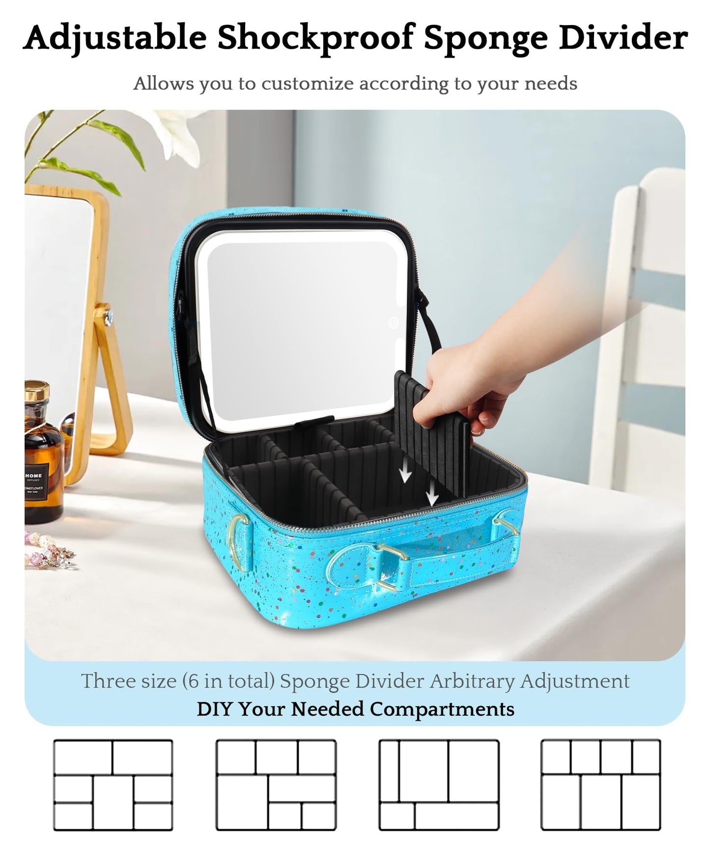 MOMIRA Travel Makeup Bag Cosmetic Bag with Lighted Mirror, Adjustable Brightness in 3 Color Scenarios/Detachable makeup mirror, 2024-All-round Upgrade, Waterproof, Gift for Women -Glett Blue
