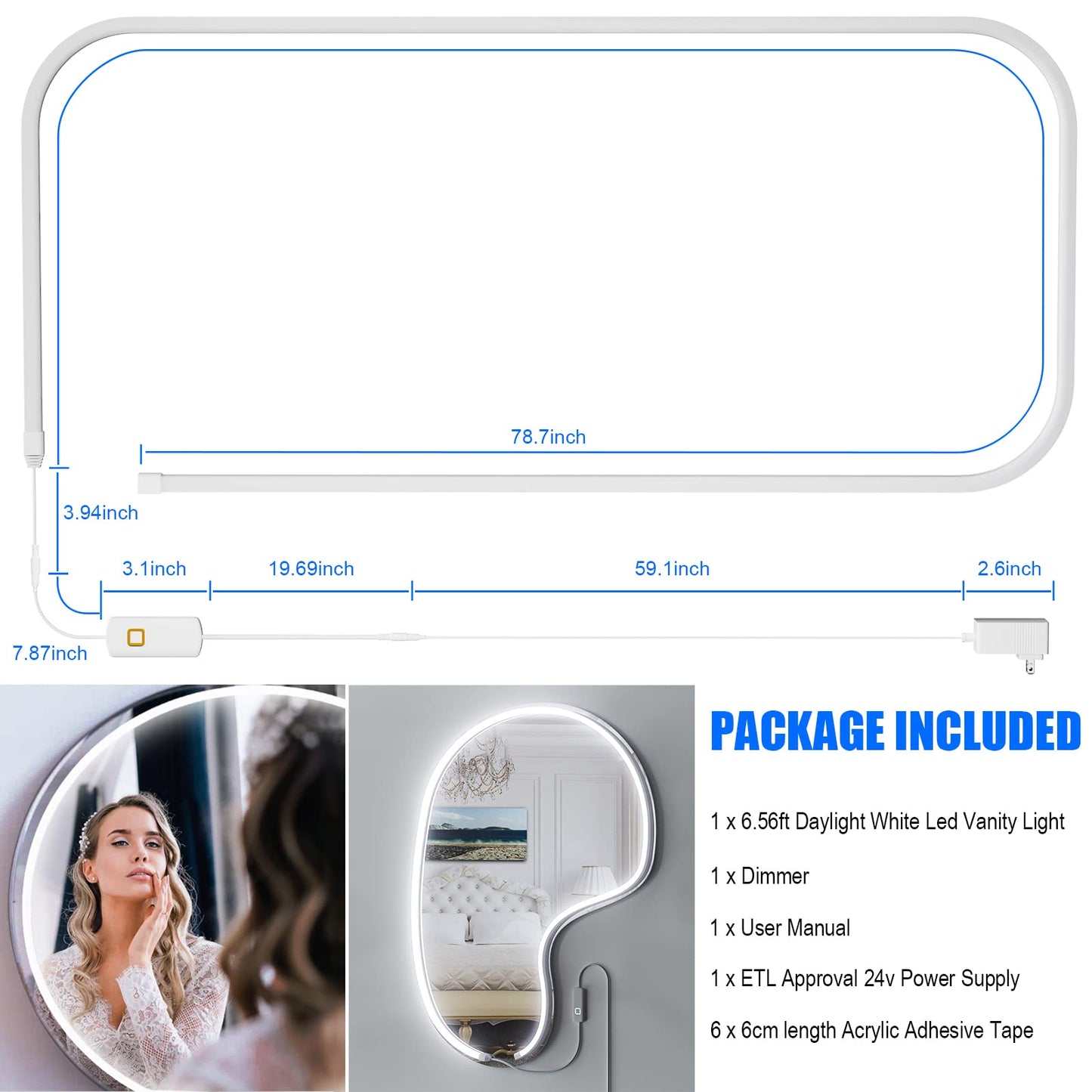 MY BEAUTY LIGHT LED Vanity Lights Strip for Mirror, 6000K Bright Daylight White Vanity Mirror Lights, 6.56FT Dimmable Makeup Light, ELT Approval 24V Stick on Lights for Mirror