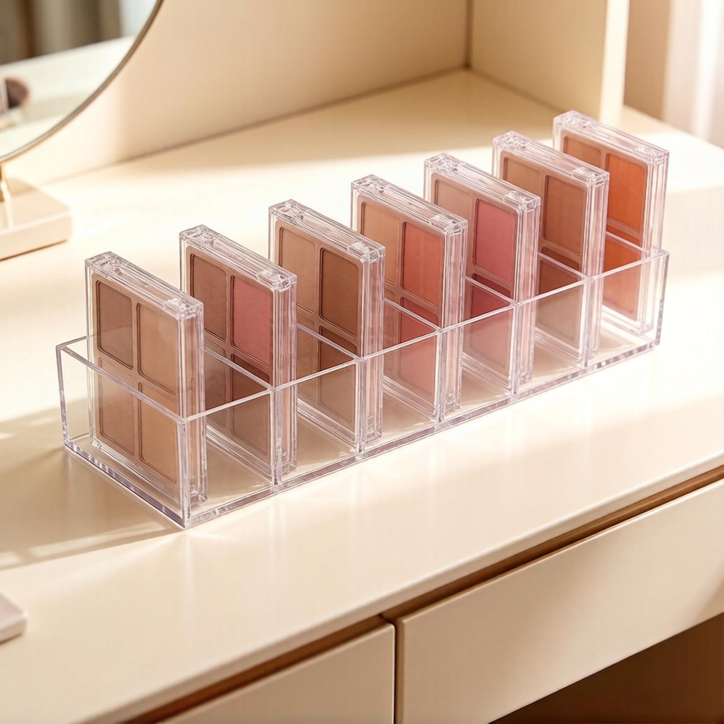 DYMSUP 6-Compartment Clear Acrylic Organizer with Detachable Dividers, Eyeshadow Palette & Cosmetic Holder for Vanity Drawer, Cosmetic Station & Makeup Desktop