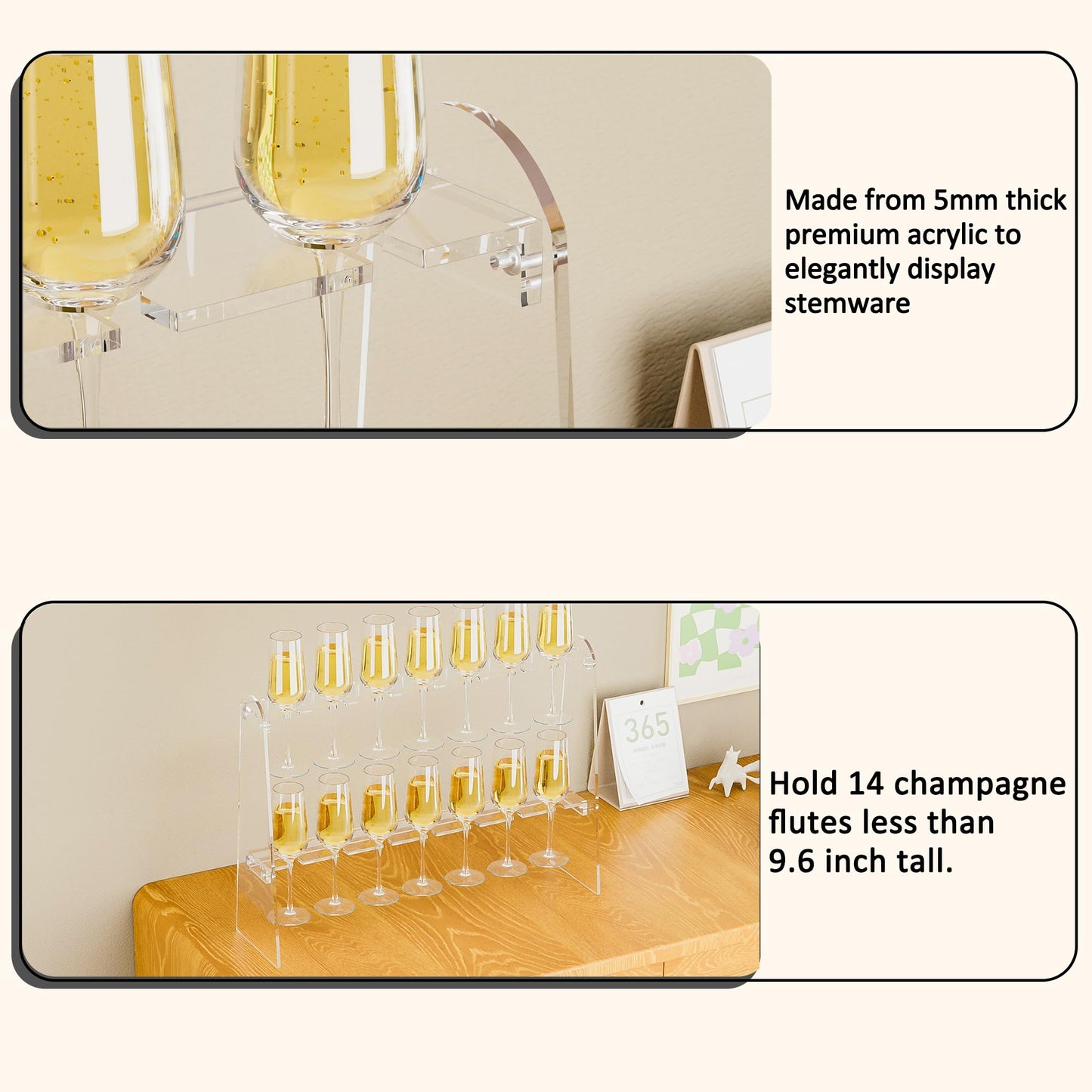 Hexsonhoma 2 Tier Acrylic Champagne Flute Holder Stand with 14 Slots, Stemware Champagne Glasses Display Rack, Tabletop Champagne Wall Holder for Party 50 Fit up to 8oz Champagne Flutes(Glasses Not included)