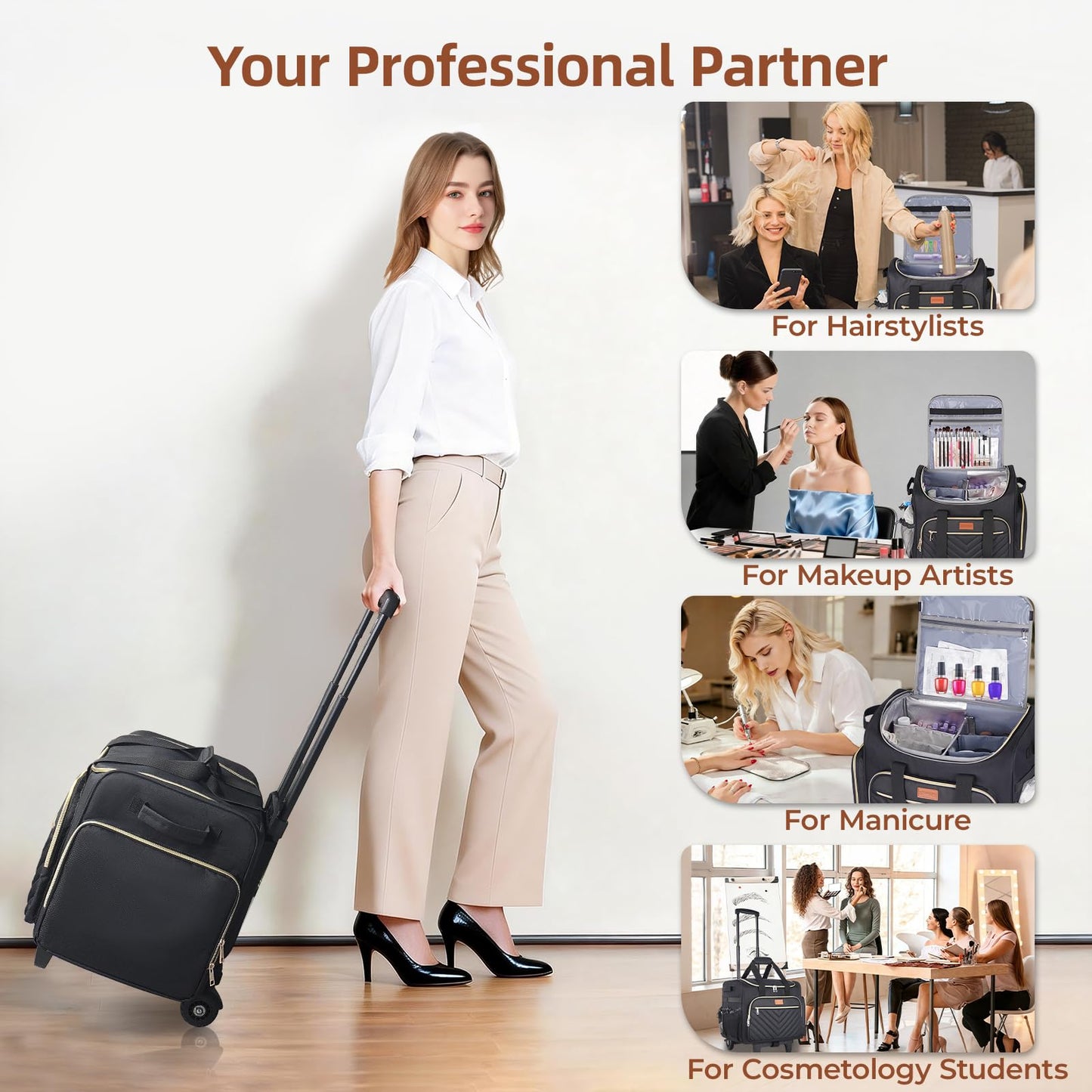 INSMEER Rolling Makeup Train Case with 3 Removable Clear Bags and 1 Shoulder Bag,Makeup Artist Hairstylists Bags Cosmetic Storage Organizer with Adjustable Dividers