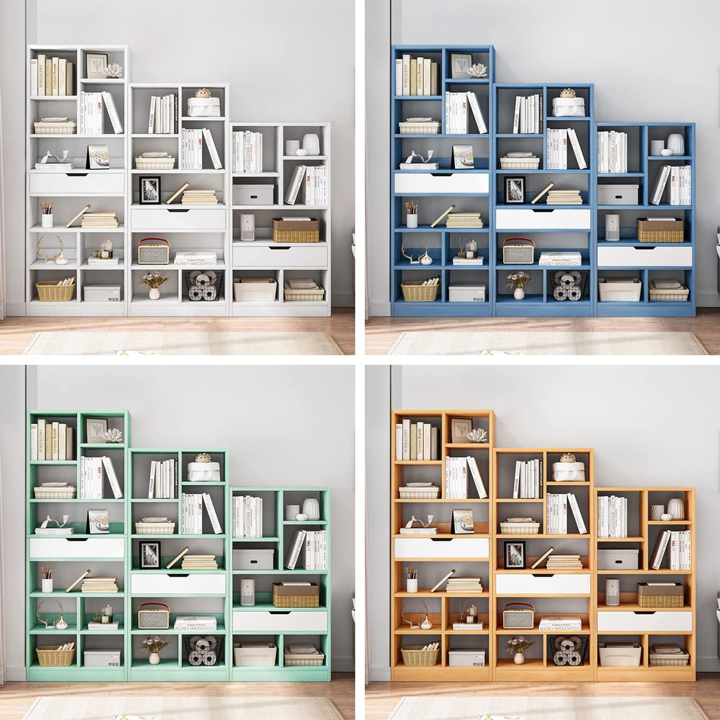 IOTXY Wooden Open Shelf Bookcase - 51" Height Freestanding Display Storage Cabinet Organizer with 7 Cubes and a Drawer, Floor Standing Bookshelf, Blue