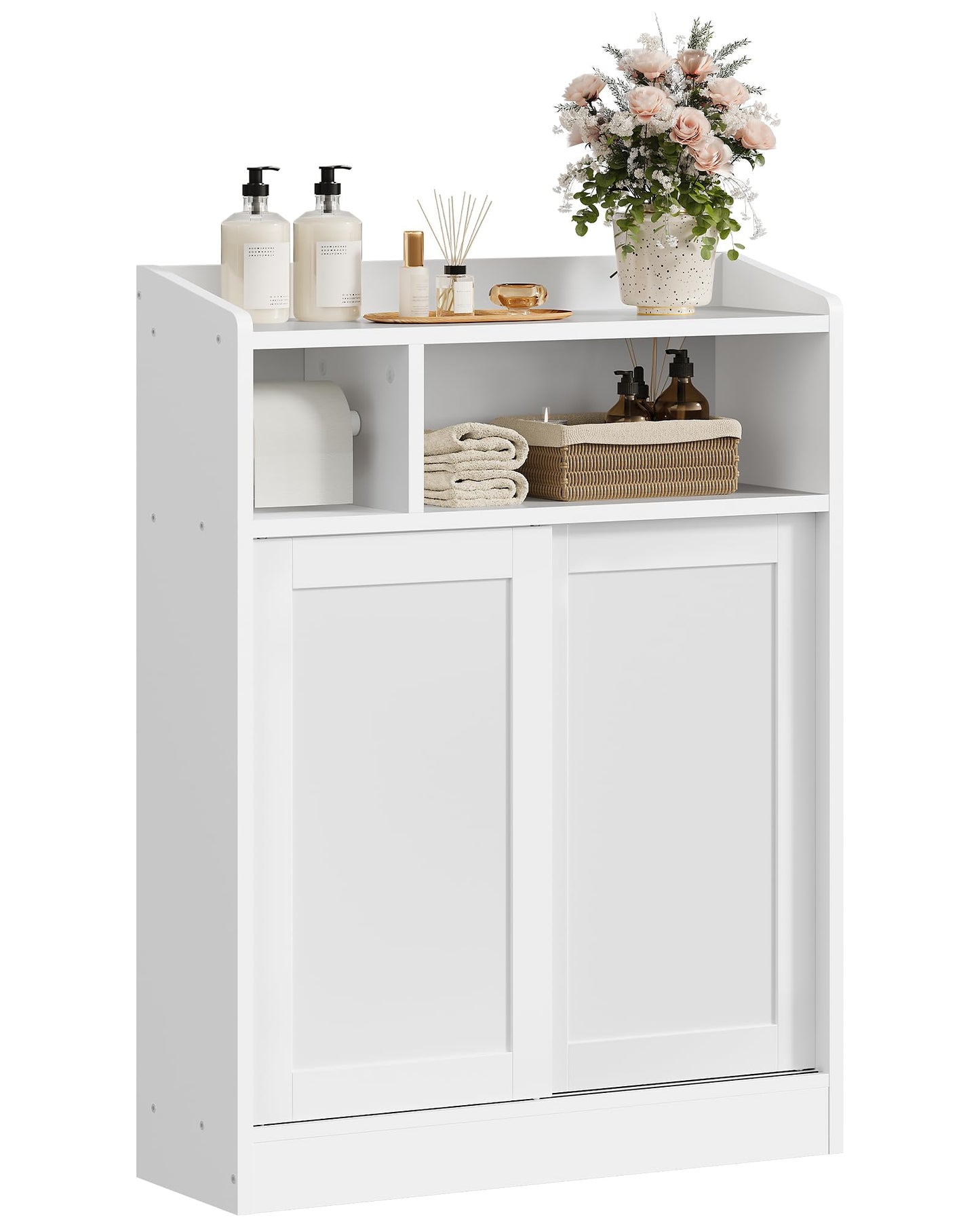 CHOEZON Slim Bathroom Storage Cabinet, Bathroom Floor Cabinet, Storage Organizer with Toilet Paper Holder, Sliding Doors and Adjustable Shelf, for Small Spaces, Bathroom, Living Room, Kitchen, White