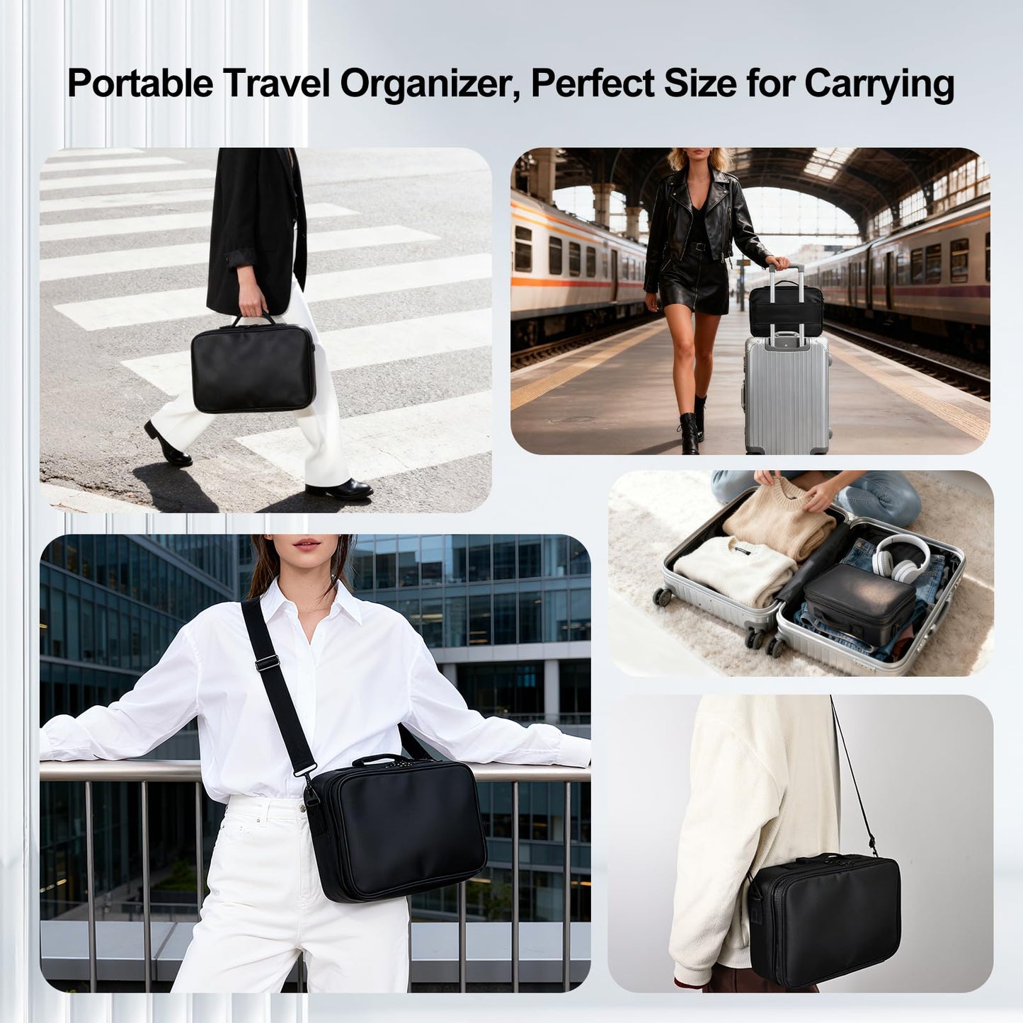 Greenfeather Travel Makeup Bag, Professional Cosmetic Train Case Organizer, Portable Travel Cosmetic Brush Bag Holder Makeup Artist Storage Box with Adjustable Dividers and Shoulder Strap, Black