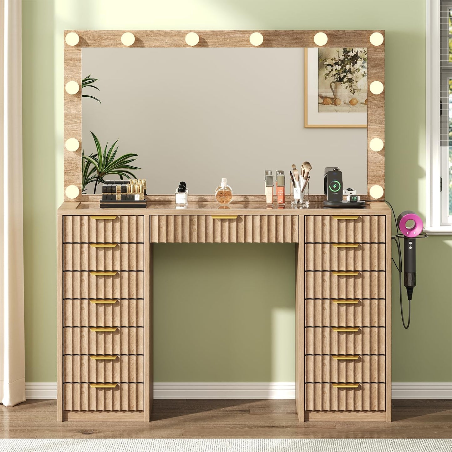 knoworld 15 Drawers Fluted Vanity Desk with Glass Top, 47" Makeup Vanity with Large Mirror and 12 LED Lights, Dressing Table with Power Outlet for Bedroom, Natural