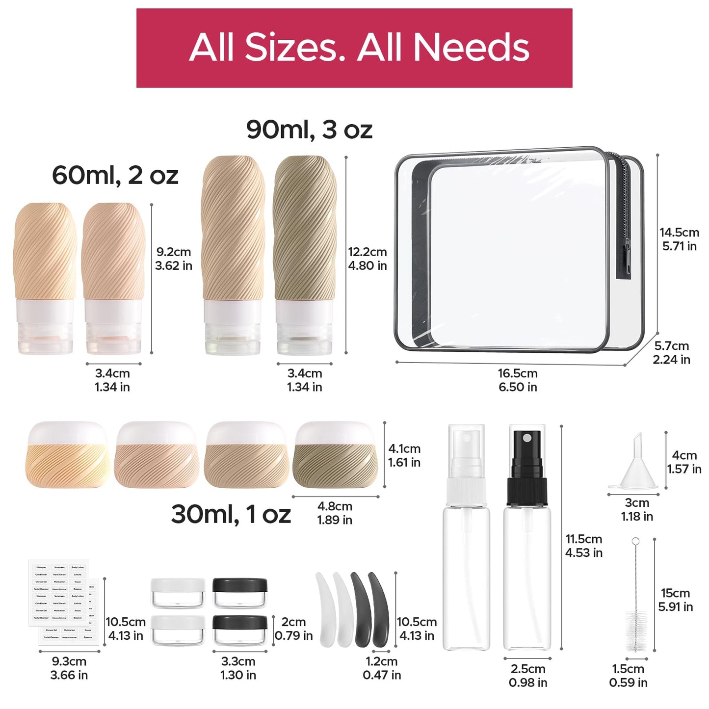 LitBear 23 Pack TSA Approved Travel Bottles for Toiletries, Leak Proof Refillable Travel Size Containers Kit with Silicone Squeezable Bottles Jars for Shampoo Lotion Conditioner, in Clear Bag, Brown