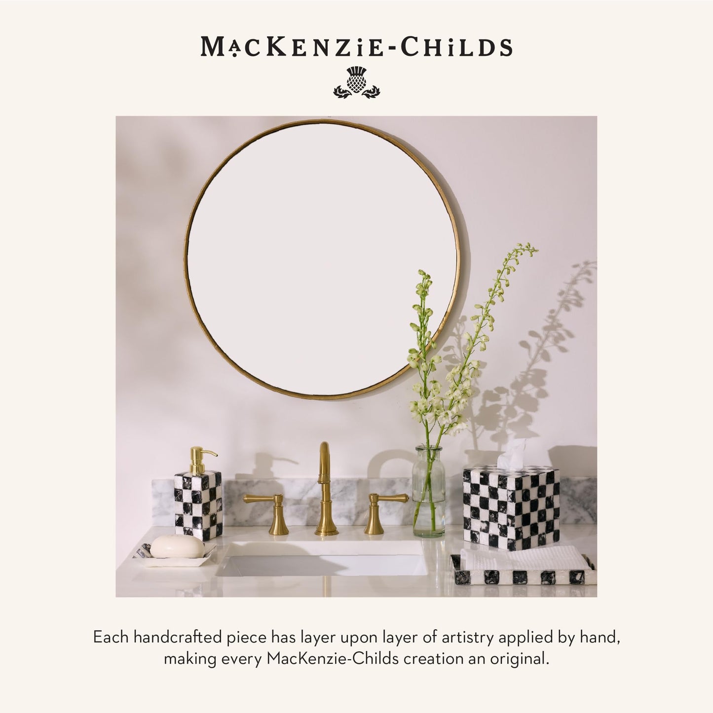 MACKENZIE-CHILDS Capiz Vanity Tray, Rectangular Tray Decor, Black-and-White Courtly Check