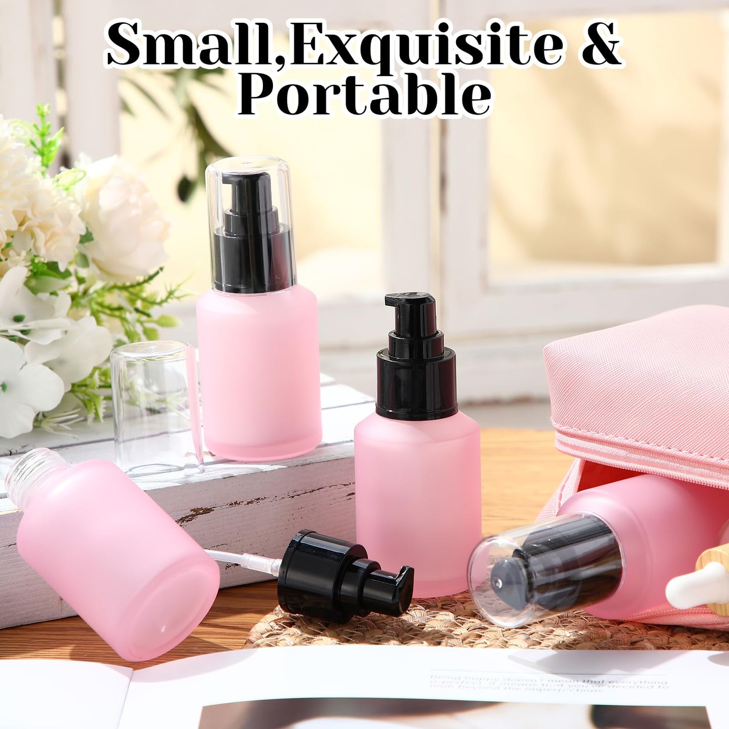 4 Pcs 60ml/2oz Empty Refillable Pink Frosted Glass Creams Lotions Bottles with Pump Vial Cosmetic Dispenser Jars Makeup Emulsion Liquids Storage Container Portable Travel Bottle Cosmetic Container