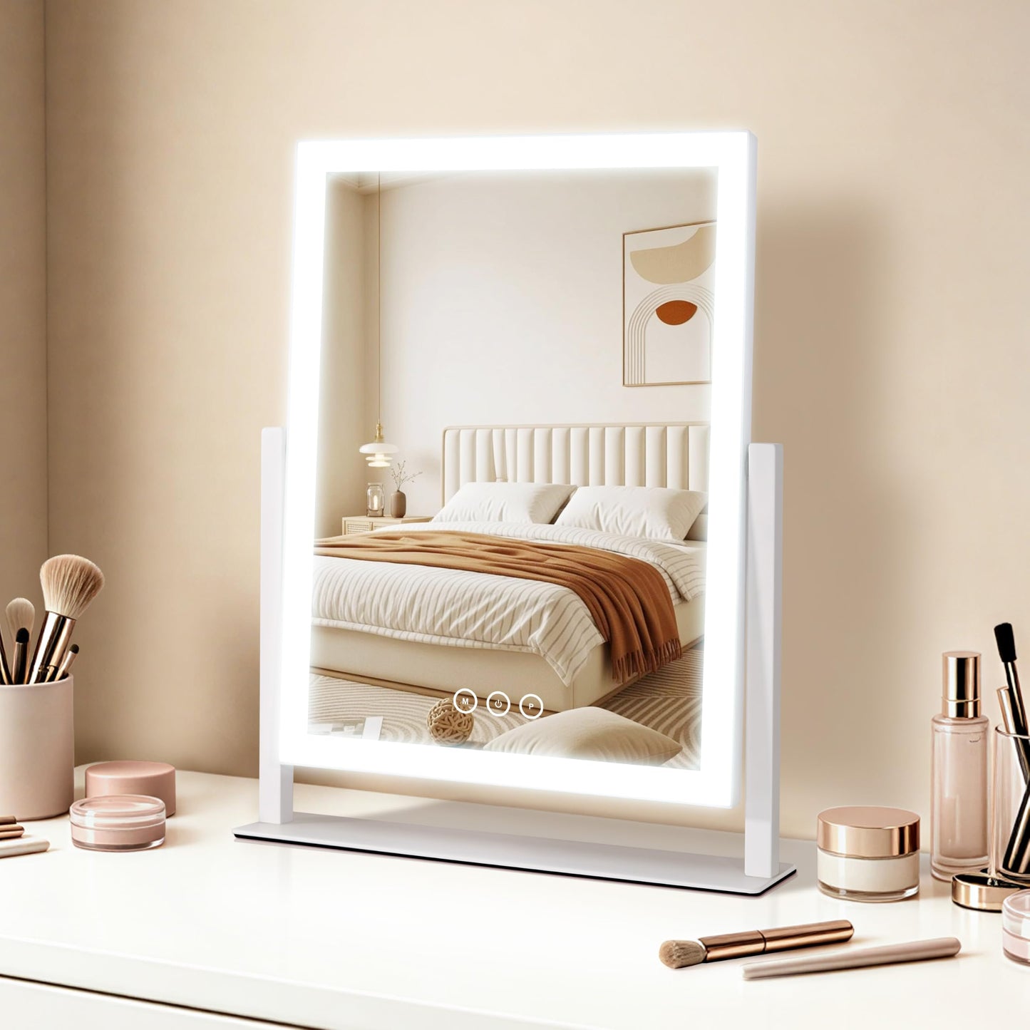 Lighted Vanity Mirror with Lights, Makeup Mirror with Light, 16.7"x 13.2",Three Color Lighting Modes and Dimmable Lighting, Smart Touch Control, 360°Rotation, for Vanity Desk Tabletop,Dressing Room