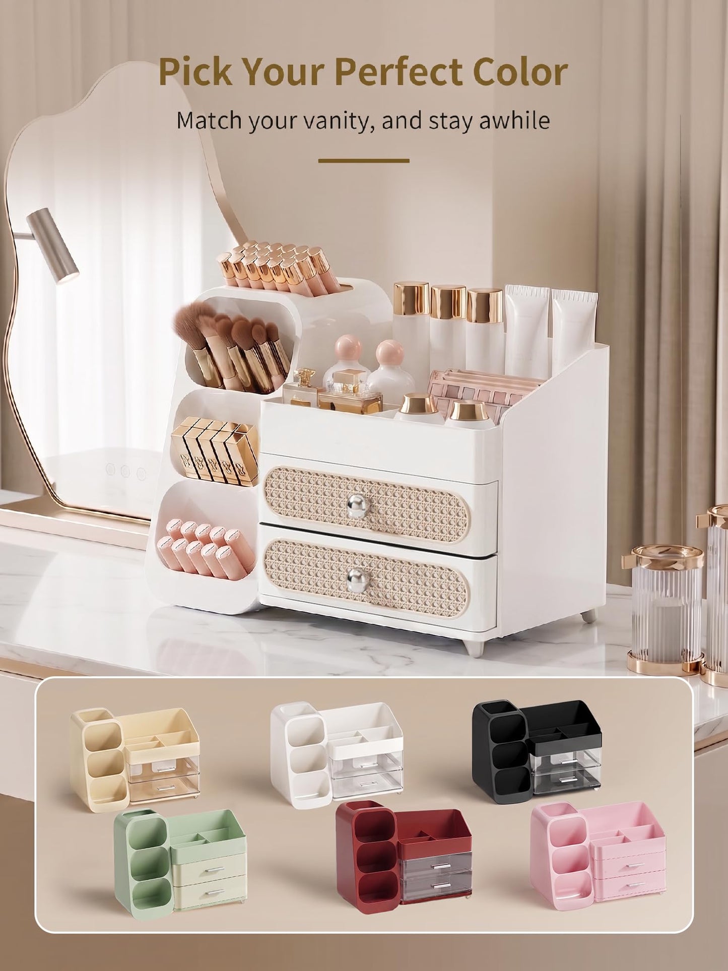 Booklov Makeup Organizer for Vanity, Large Capacity Cosmetic Display Case with Drawers, Countertop Beauty Storage Holder for Skincare, Brush Eyeliner Perfume Eyeshadow Lipsticks, Counter Desk, White