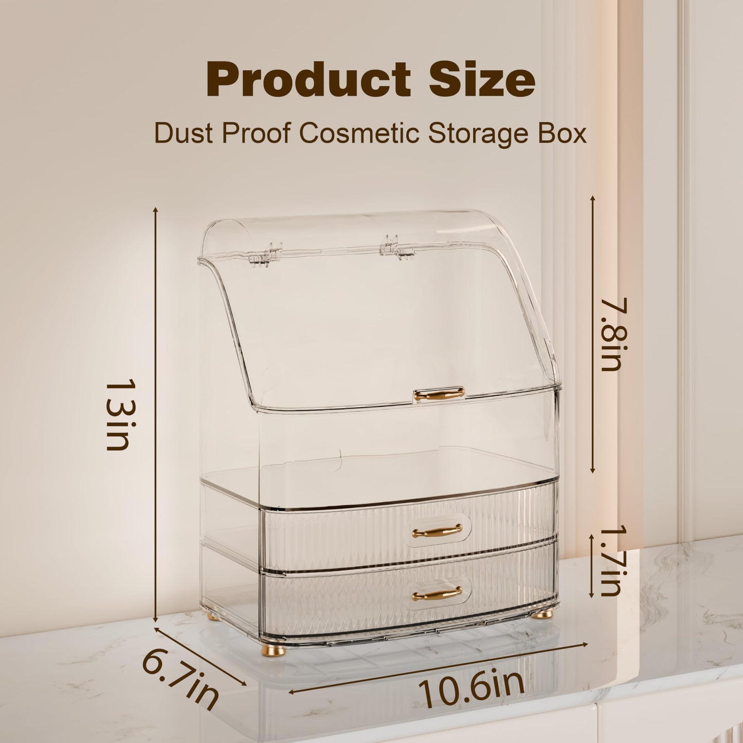 Plukers Makeup Organizer Countertop Vanity with Transparent Lid Drawers Waterproof Dustproof Cosmetic Skincare Bathroom Storage Gift for Women Teens Girls (Clear Whtie)