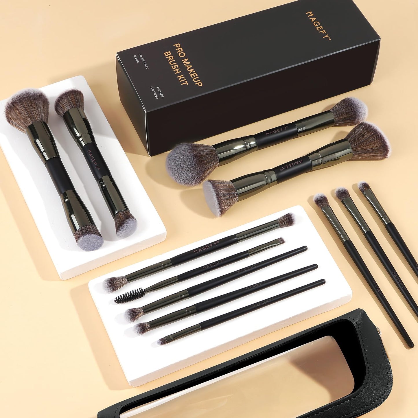 MAGEFY Makeup Brushes 12Pcs with Bag, Double-End Multi-functional for Foundation Powder Blush Eyeliner Eyeshadows brushes with Gift Box,Black
