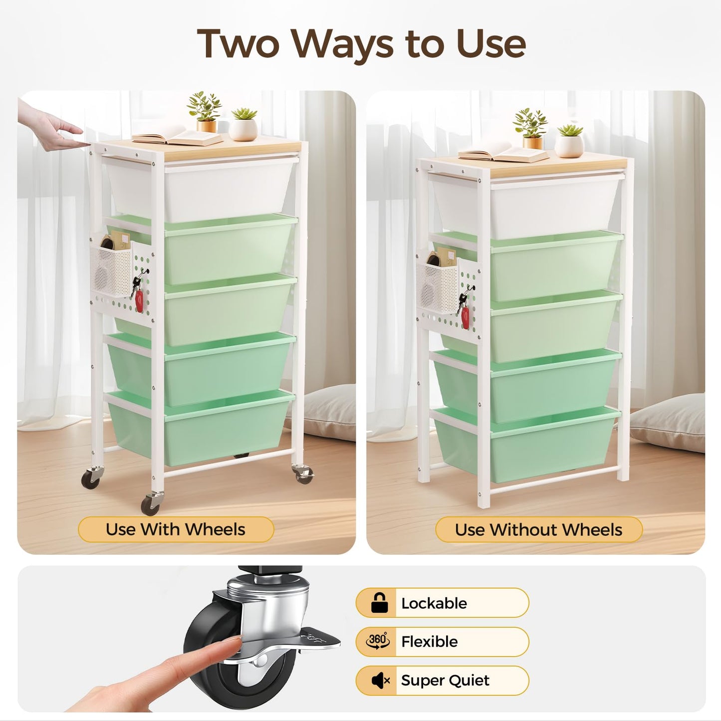 Rolling Cart with 5 Drawers, Plastic Drawer Storage Carts with Wheels & Wooden Tabletop, Metal Utility Cart with Pegboards, Office Living Room Classroom Craft Organization and Storage, Bright Green