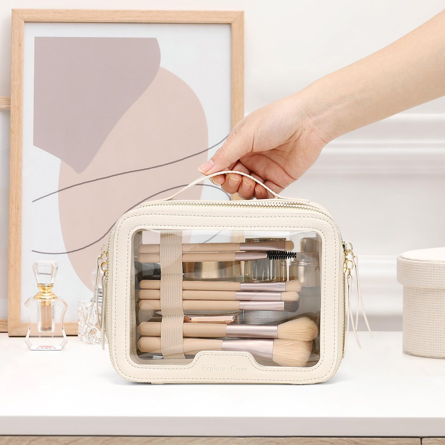 PACKISM Double Layer Clear Makeup Bag - Pebbled Texture & Hard PU Leather Car Bag Organizer for Car Essentials, with Message Card Travel Cosmetic Bag for Women Gift (Cream 2 Layer)
