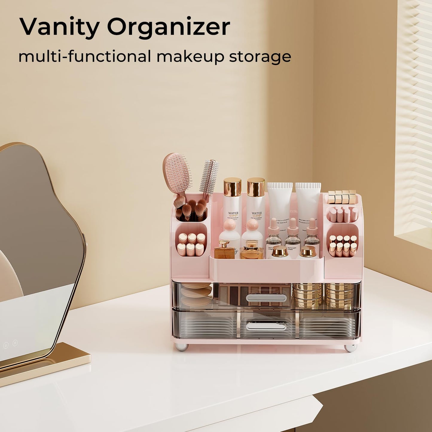 UFORU Makeup Organizer for Vanity with 2 Large Drawers, Cosmetic Display Case with Brush Holders, Easy to Storage for Bathroom Countertop Skincare, Perfume, Pink