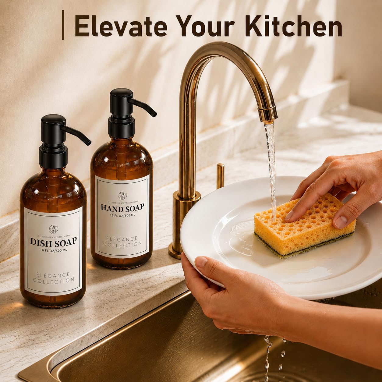 Fachixy Amber Glass Soap Dispenser (2 Pack), 16 Fl Oz Hand & Dish Soap Dispenser Bottles Set with Leak-Resistant Stainless Steel Pump, Non-Slip Pad, 14 Waterproof Labels for Kitchen and Bathroom