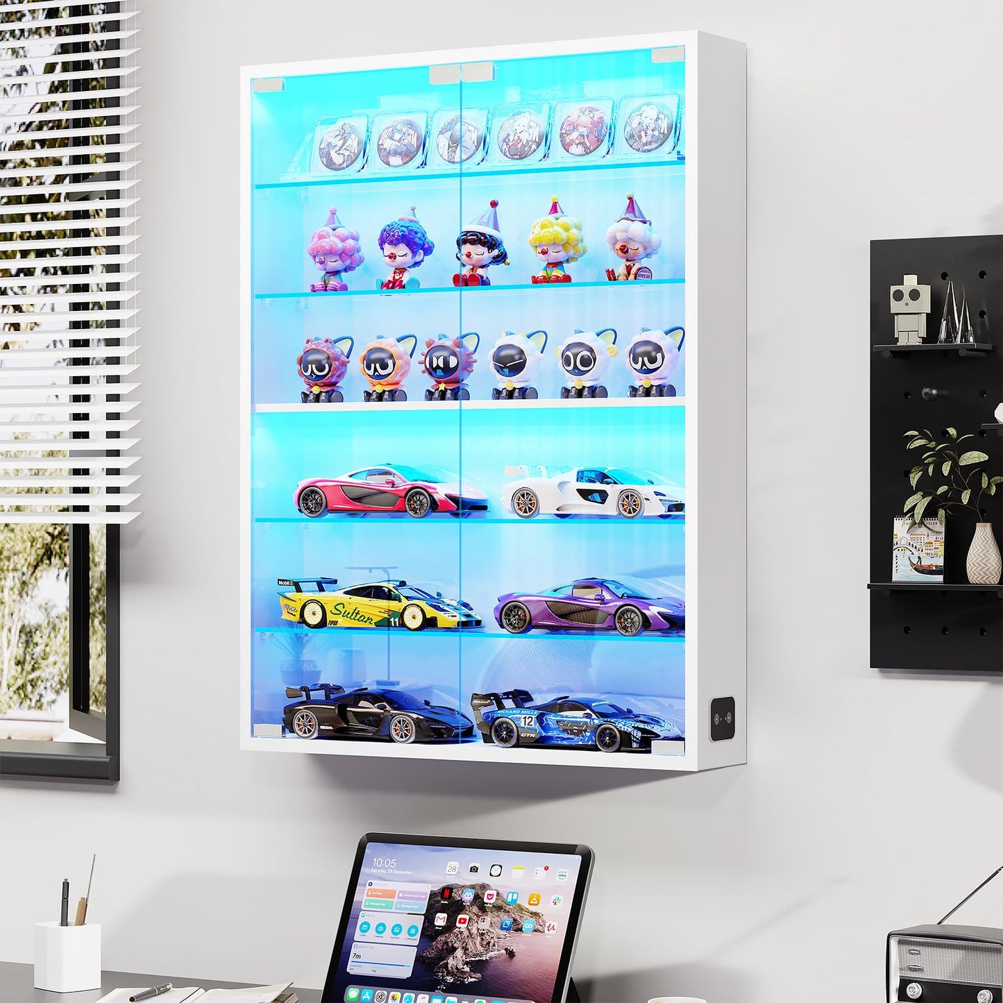 Aauro Home 6-Tier Wall Display Case with Glass Doors, LED Display Cabinet with Adjustable Glass Shelves, Display Case for Collectibles, White