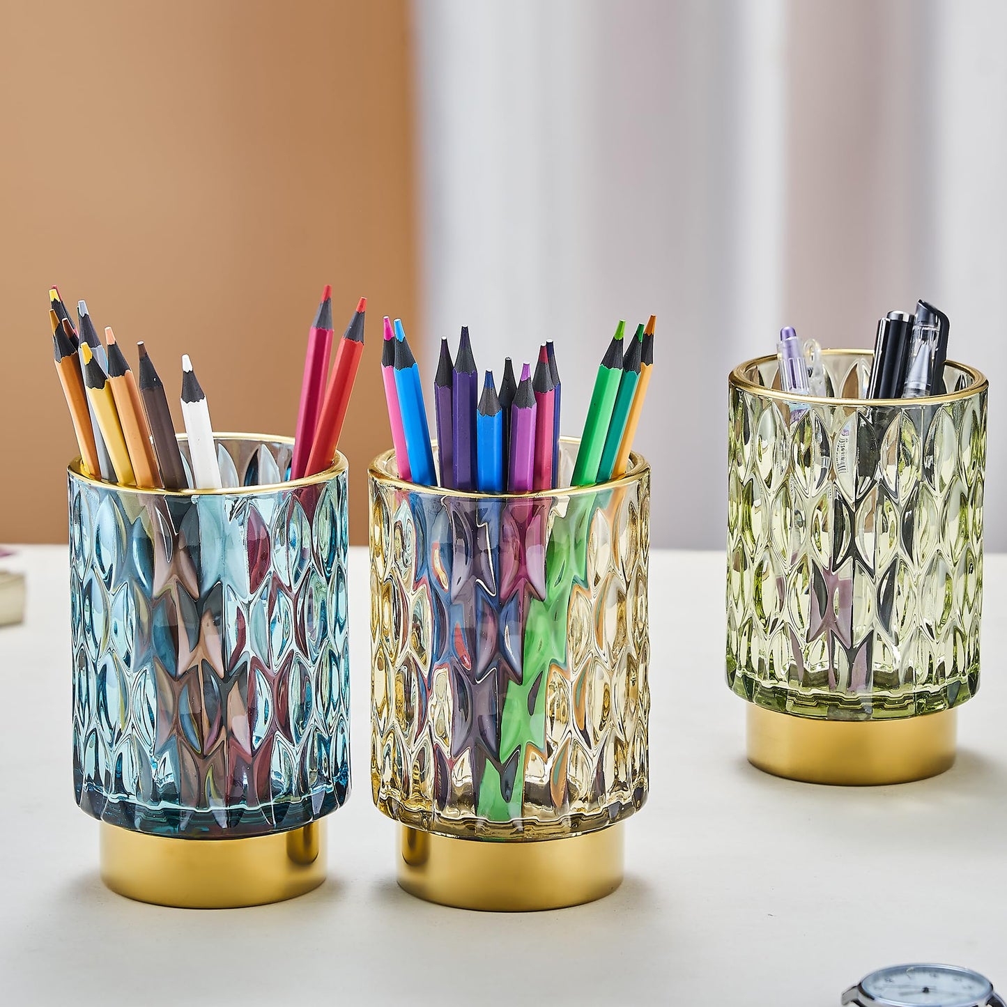 LEICURACE Makeup Brush Holder Organizer,Toothbrush Holders,Desk Pen Pencil Holder,Multifunctional Vintage Glass Brush Cup(A39-2-US)