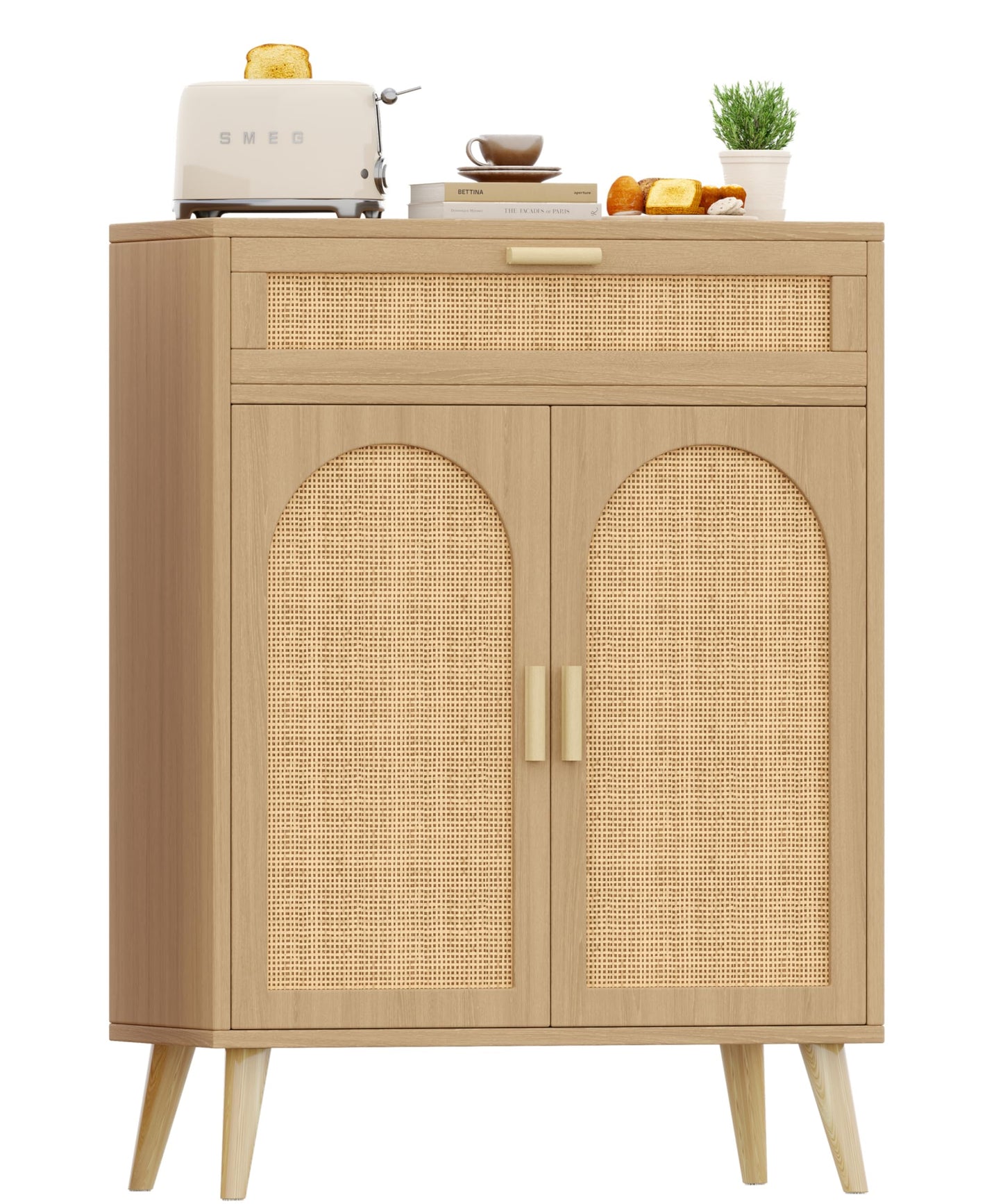 Keehusux Rattan Sideboard Buffet Cabinet with Drawer and 2 Doors, Accent Storage Cabinet with Adjustable Shelf, Solid Wood Feet, Coffee Bar for Kitchen, Living Room, Entryway, Natural Oak
