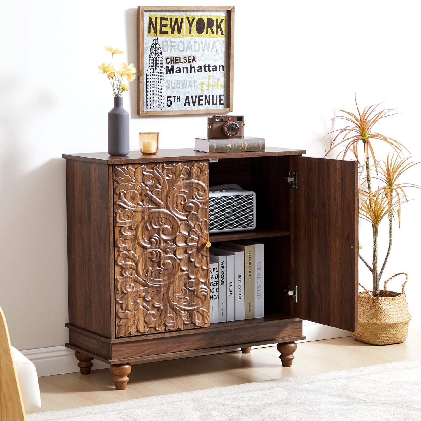 weselon Accent Cabinet Set of 2, Farmhouse Carved Storage Sideboard Buffet Cabinet with Adjustable Shelves, Entryway Storage Cabinet with 2 Doors (Walnut)