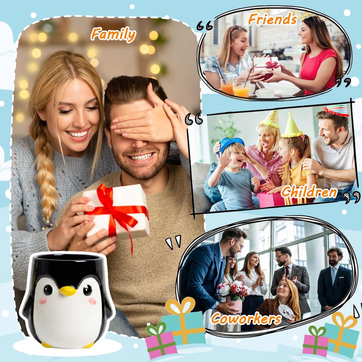 RunaFun Penguin Pen Holder, Cute Pencil Cup, Ceramic Office Decor,Multifunctional Toothbrush Holder & Makeup Brush Storage, Gift for Couples Coworkers,Male Penguin