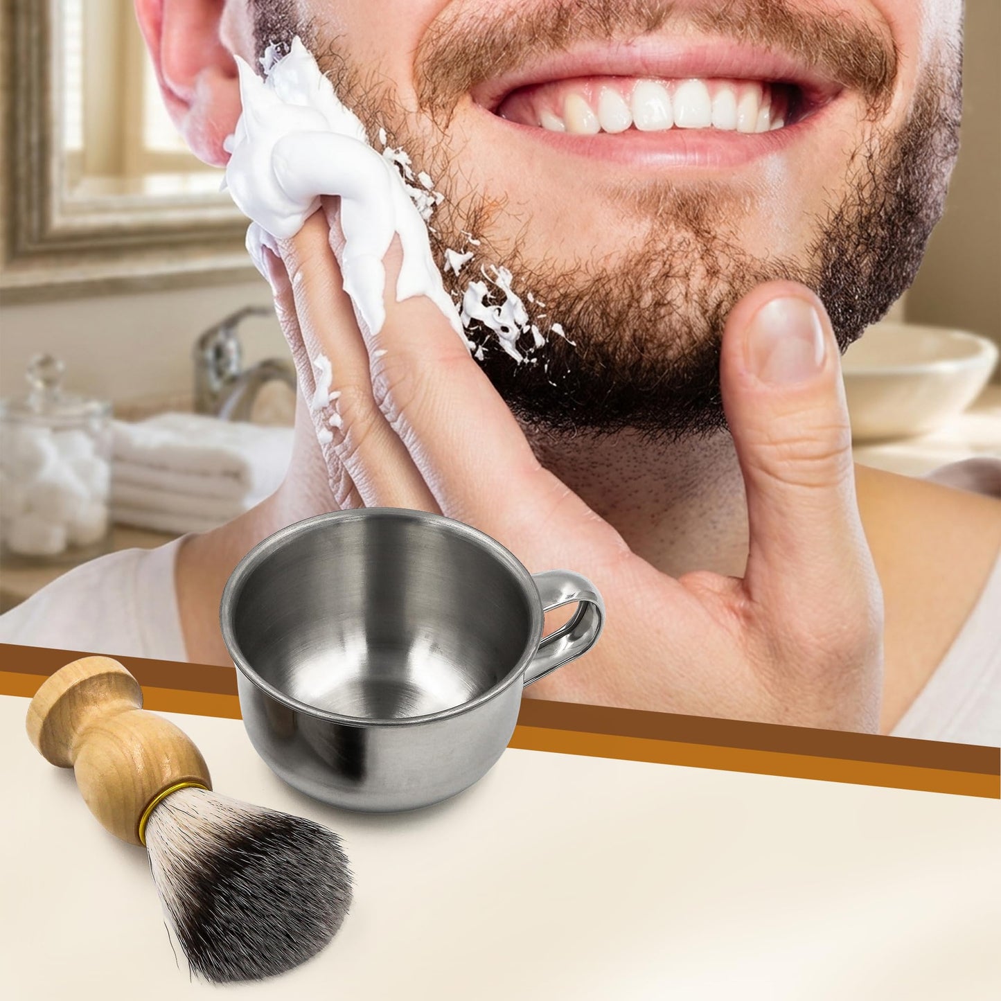 5PCS Shaving Soap Bowl with Beard Brush, 3.4inch Stainless Steel Mug Dish