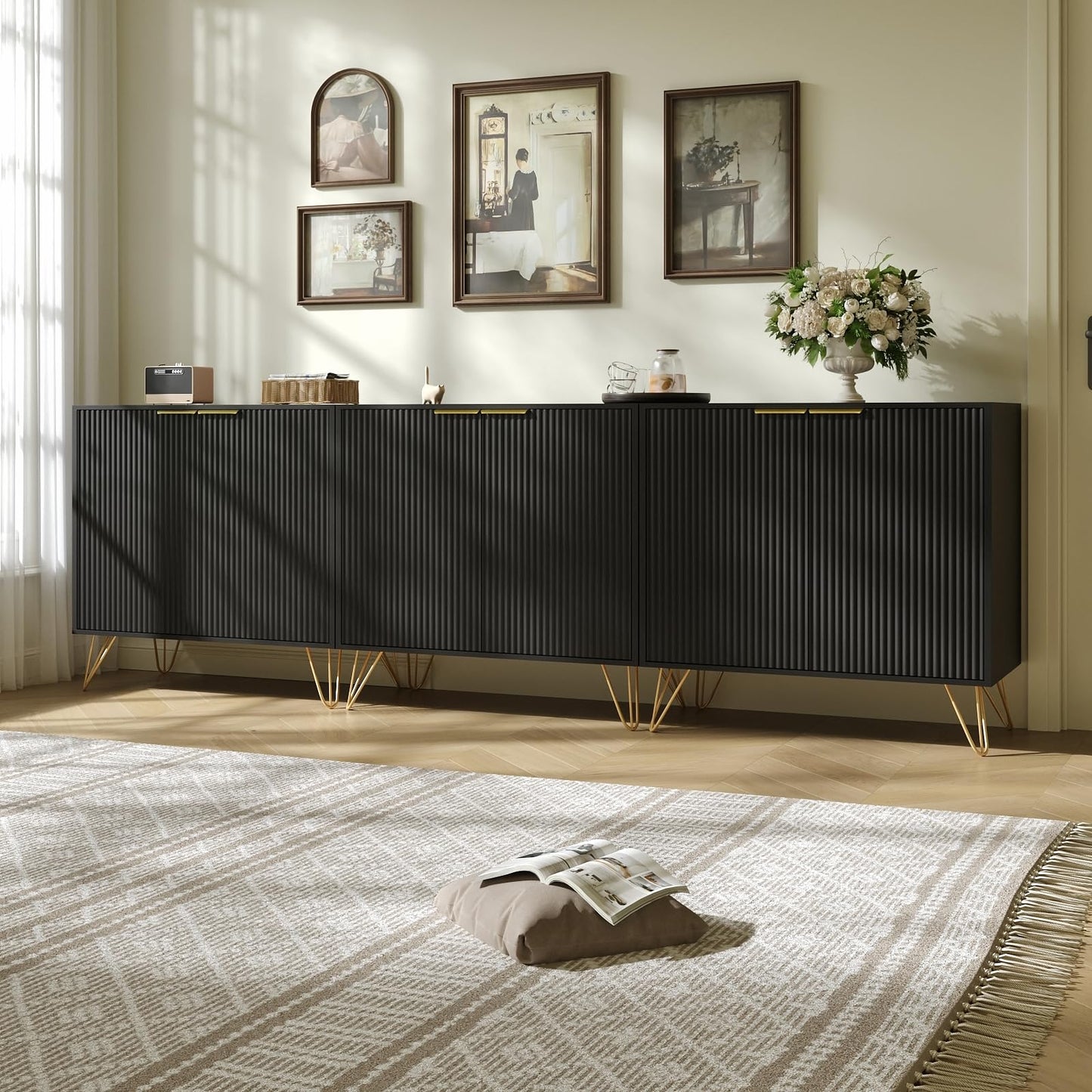 Sscaktu Fluted Storage Cabinet, 2 Doors Sideboard Buffet Cabinet, Modern Wood Accent Table with Adjustable Shelves, Console Table for Living Room, Hallway, Entryway, Black