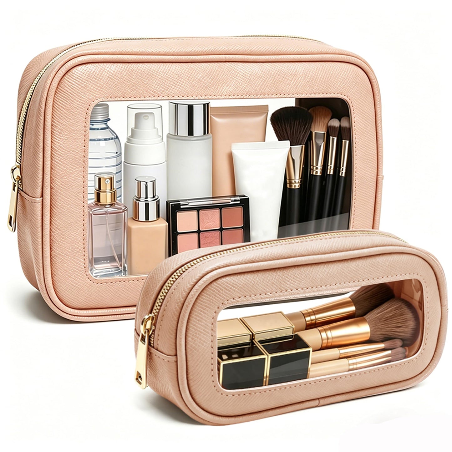 FFpaw 2Pcs Clear Makeup Bags Set - Portable Clear Cosmetic Bag Case Travel Makeup Brush Bag Waterproof Makeup Pouch TSA Approved Toiletry Bag Car Organizer Bag for Women (Dusty Pink Set)