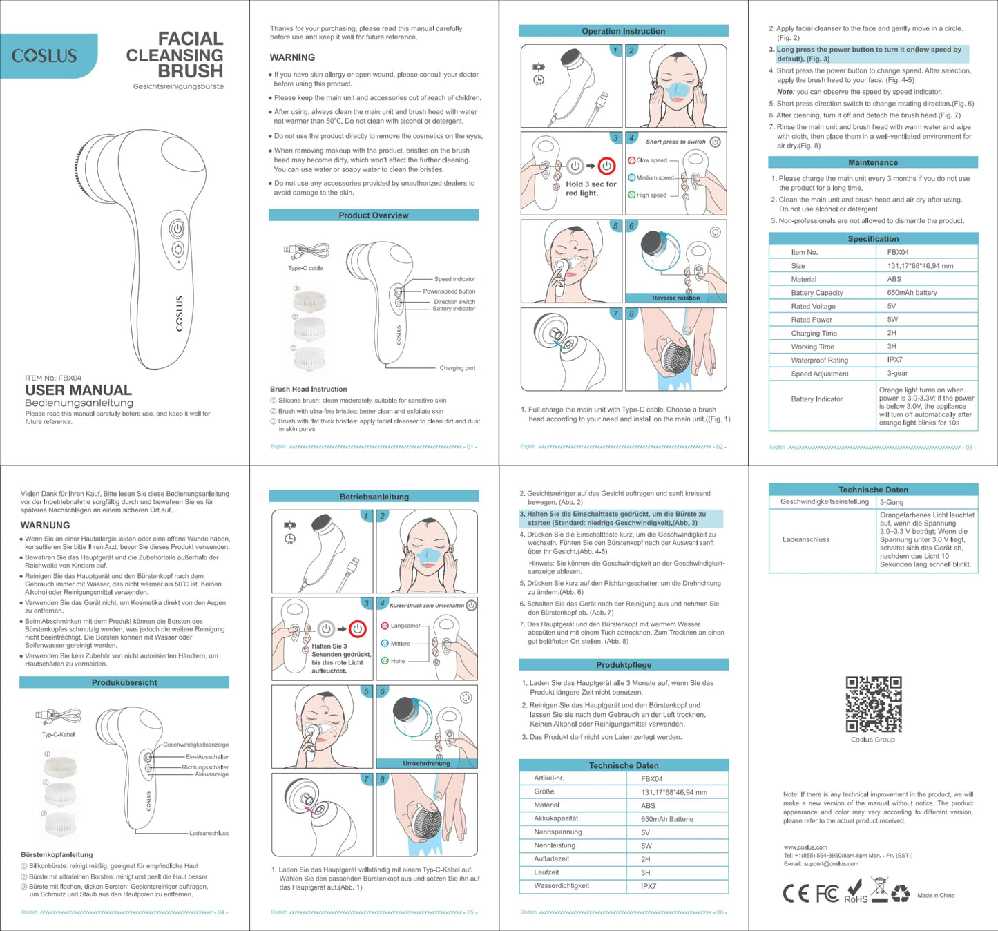 COSLUS FBX04 Facial Cleansing Brush Face Scrubber: 3 in 1 Bi-Directional Electric Spin Brush for Removing Blackhead, Exfoliating, Massaging - Rechargeable Waterproof, 3 Adjustable Speeds for Men Women