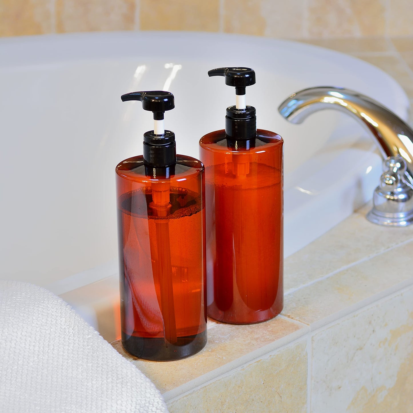 Youngever 4 Pack Pump Bottles for Shampoo 32 Ounce (1 Liter), Amber Shampoo Pump Bottles, Plastic Cylinder with Lockdown Leak Proof Pumps