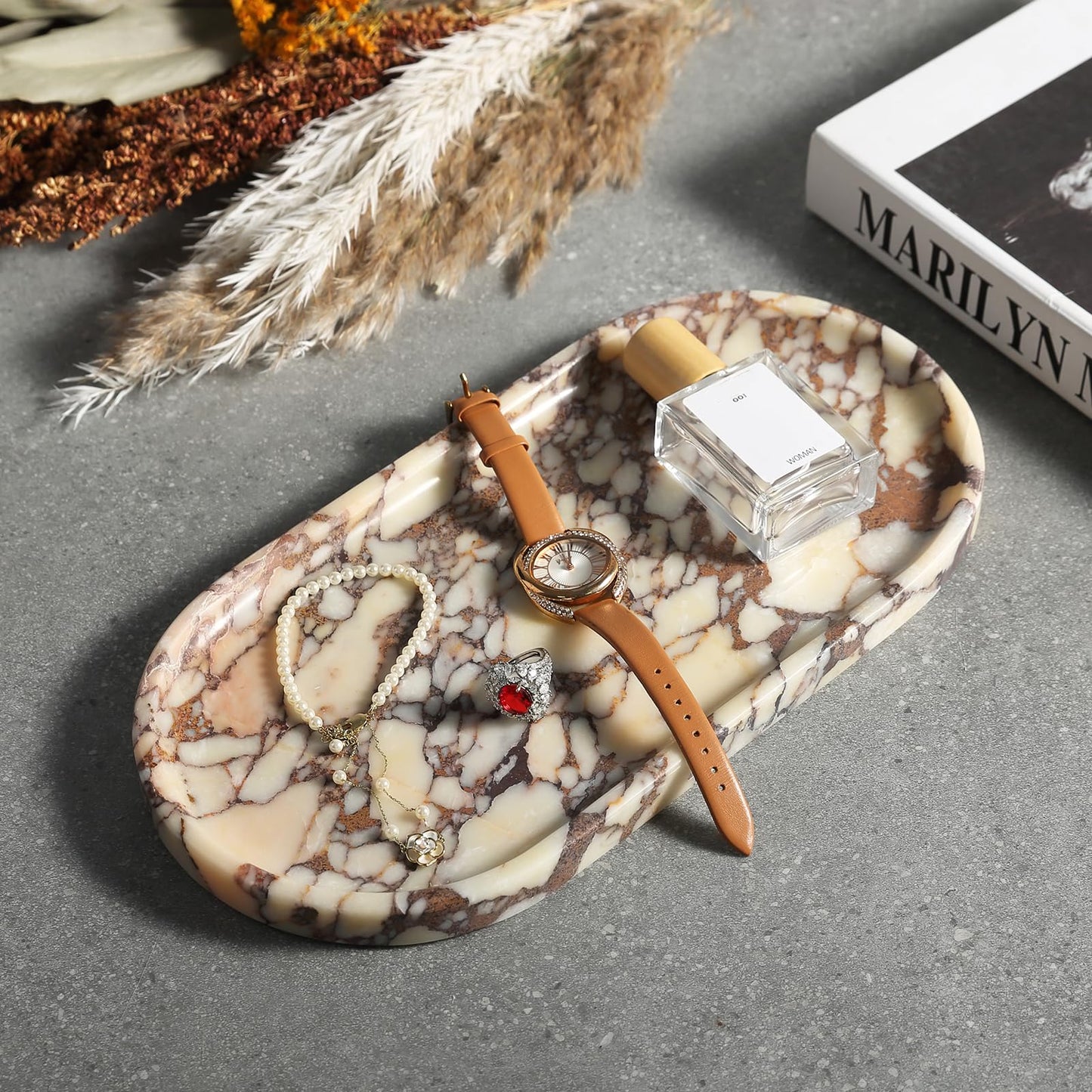 Koville Natural Decorative Marble Bathroom Tray, 12"x6" Calacatta Viola Marble Catchall Tray for Bathroom, Stone Perfume Trays Jewelry Dish, Stone Storage Trays for Home Decor(Textural Differences)