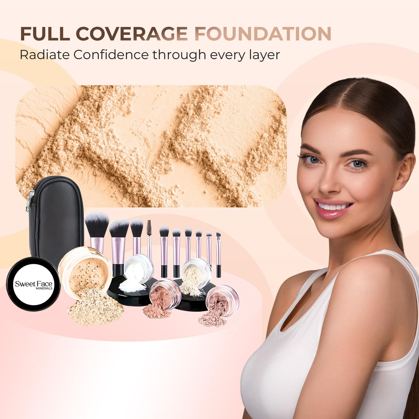 16pc Beginner Mineral Makeup STARTER KIT with 10 BRUSH SET (5gm)Sample Size Foundation, Primer, Blush, Bronzer, Setting Powder for Learning, Occasional Use & First Time Users, Travel Size Kit (Fair 1)