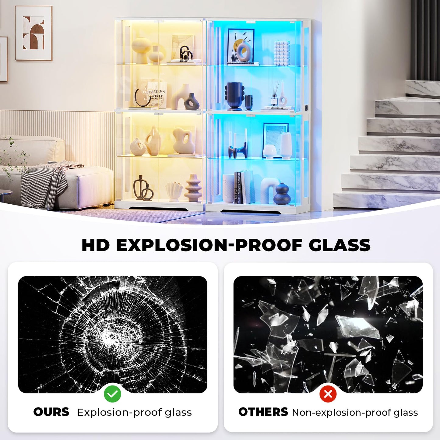 Aauro Home Display Cabinet with Glass Doors & LED Lights, 4-Tier 65" Black