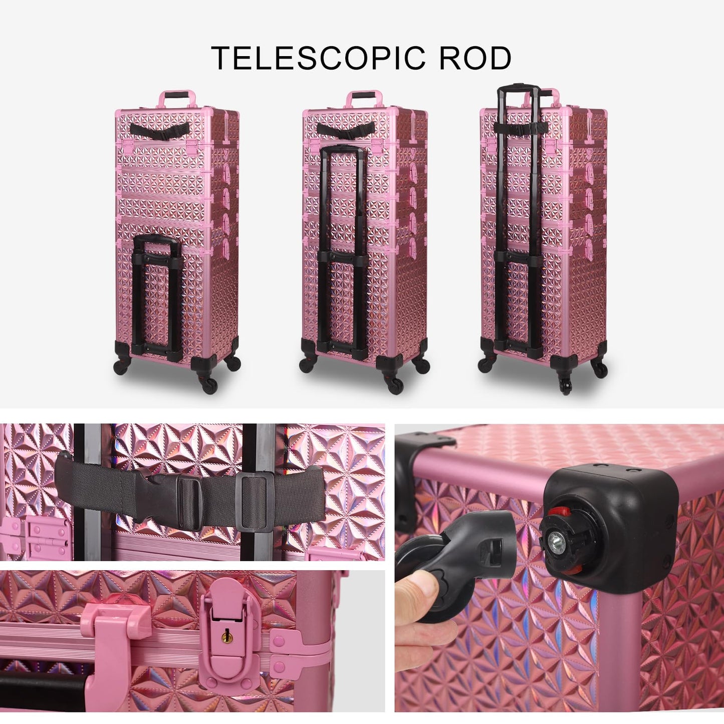 Rolling Makeup Train Case 6 in 1 with Mirror & Lock, Professional Makeup Travel Case, Large Cosmetic Organizer for Cosmetologists & Nails, Bonus 4 Replacement Wheels (6, Gold Pink Holographic)