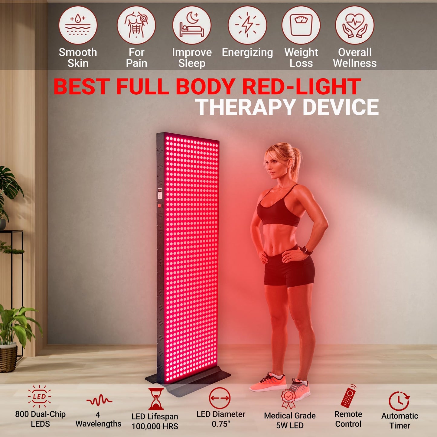 EXESAS Red Light Therapy Device for Full Body, 630nm, 660nm, 810nm & 850nm, Near Infrared Dual-Chip Clinical Grade LED Panel for Smooth Skin, Weight, Pain and Overall Wellness (800LED)
