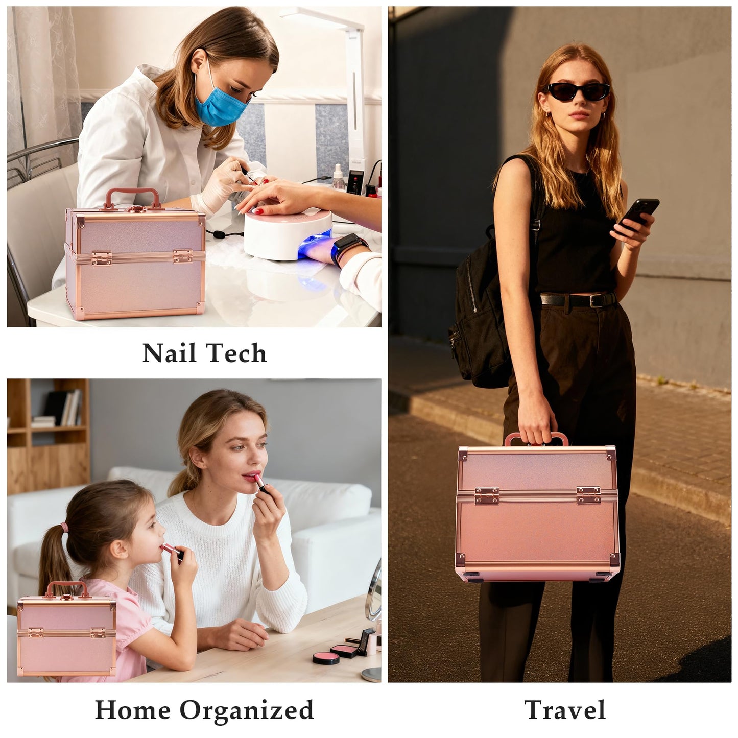 GALHUBIS Makeup Train Case, Portable Makeup Case with Mirror, 2-Trays Cosmetic Organizer Case,Nail Polish Organizer, Travel Makeup Box, Profesional for Salon Barber, Rose Gold