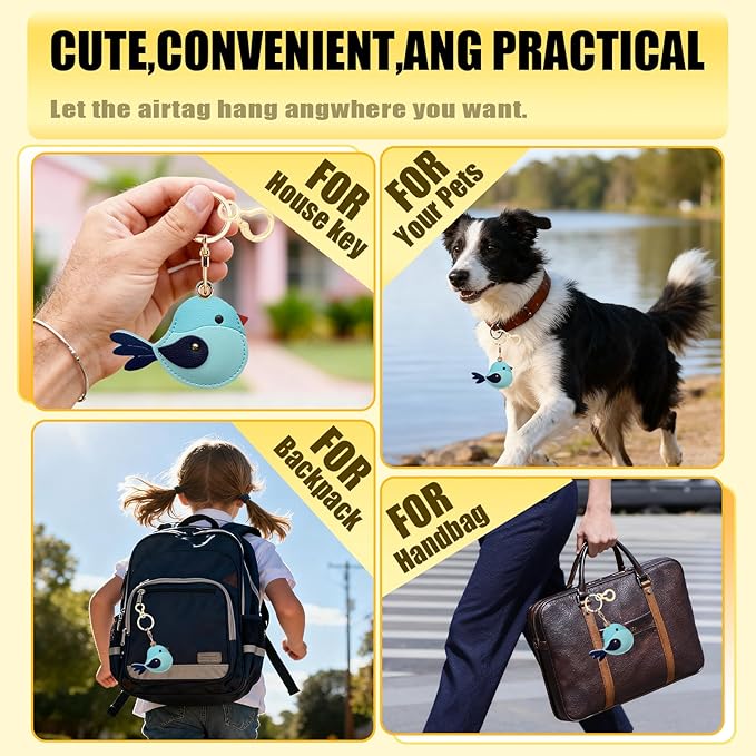 Leather Keychain for Airtag, Cute Protective Keychain Holder Compatible with Apple Air Tag,GPS Item Tracker Case Cover for Keys,Bags,Pets,Luggage(Bird)