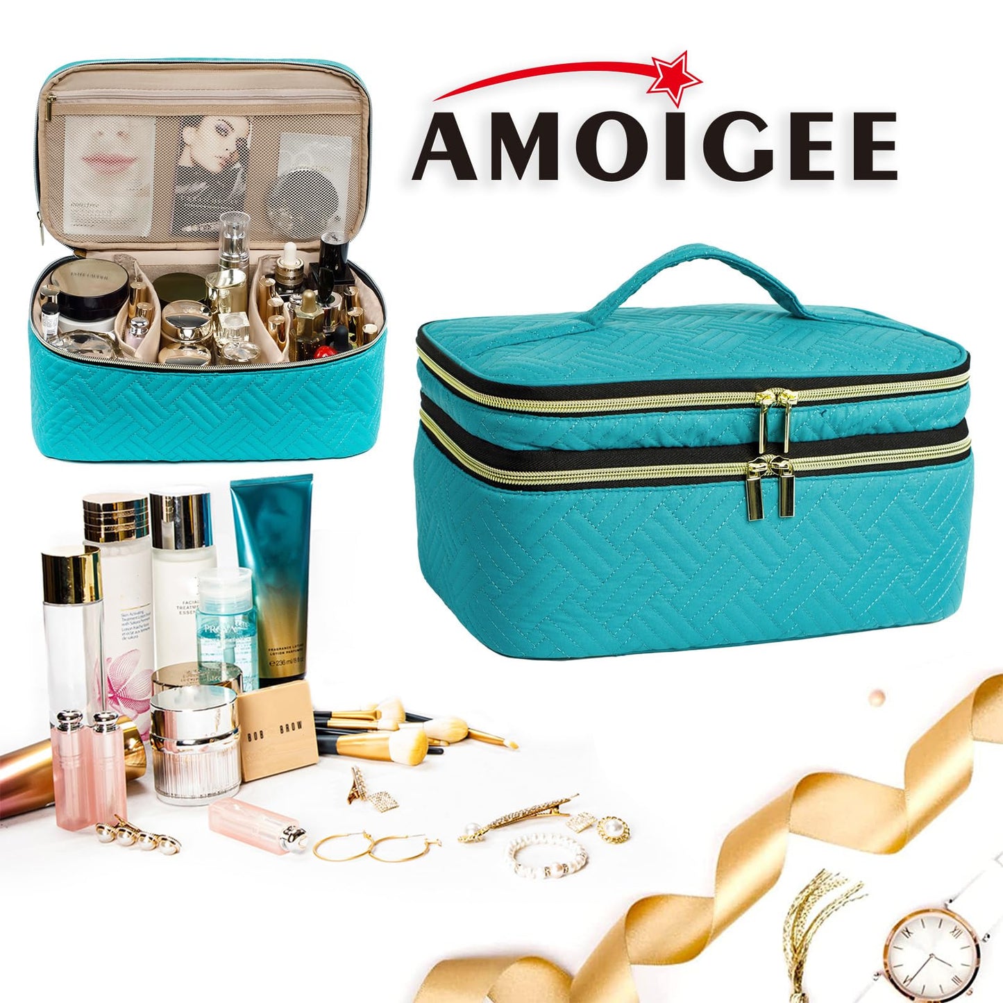 AMOIGEE Large Makeup Bag, Travel Makeup Bag Organizer, Double Layer Train Case Makeup Bag, Toiletry Bag for Makeup Brushes, Full Size Bottles, Palettes Sponge, Cosmetic Organizer