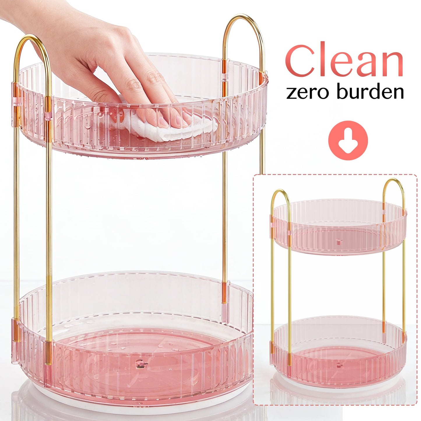 Rotating Makeup Organizer Countertop,Skincare Organizers,Spinning Perfume Tray Stand,Makeup Storage Organizer for Vanity,Bathroom Organizer and Storage,Lazy Susan,2 Tier,Pink
