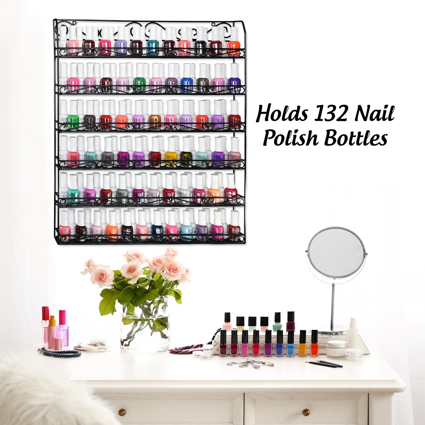 AMT 6 Tier Metal Nail Polish Racks for The Wall, Up to 132 Bottles, Clear Quality Nail Polish Display, Essential Oils Organizer (132 Bottles or 60 Jars - Black)