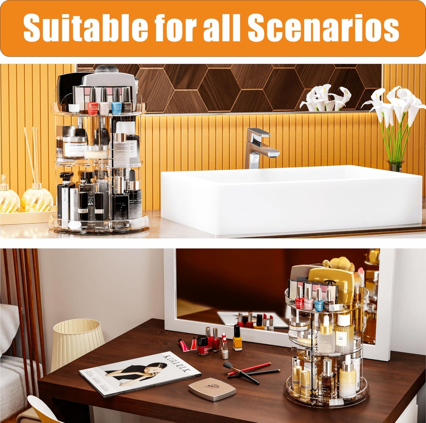 Yieach 360 Rotating Makeup Organizer for Vanity,Bathroom counter,Adjustable Spinning Skincare Organizers,Cosmetic Display Cases and Makeup Holder for Palette,Eyeshadow,Brush,Perfume Organizer,Clear