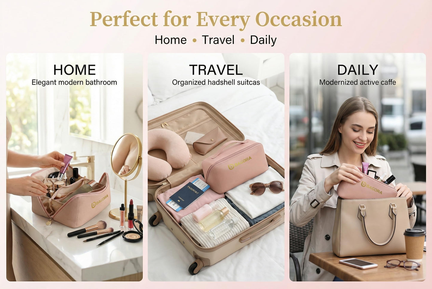 BAGORA Large Capacity Travel Makeup Bag for Women, Waterproof Cosmetic & Toiletry Organizer with Wide Opening, Clear Divider, Brush Holder and Handle (Pink)