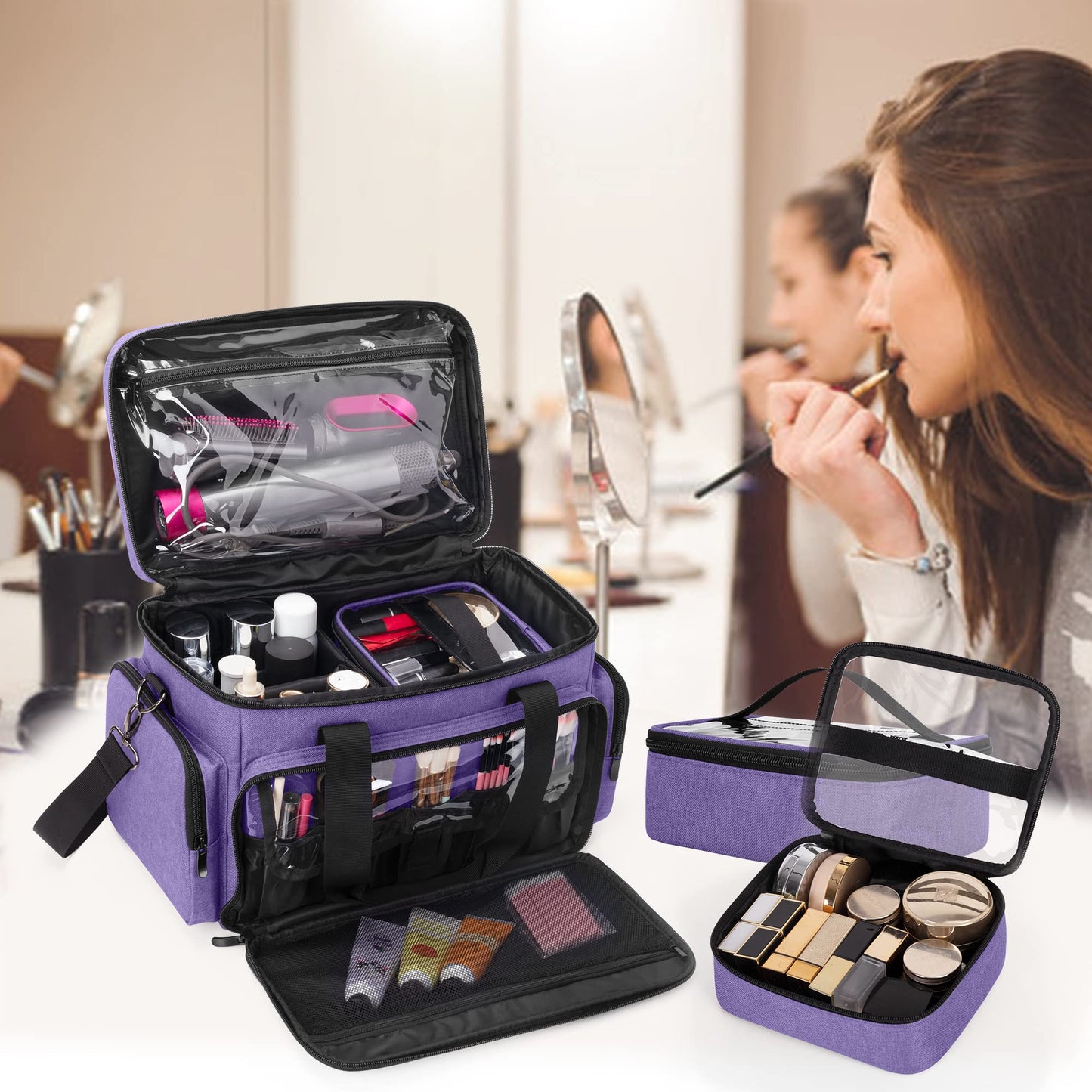 BAFASO Large Makeup Bag with 2 Removable Pouches and Detachable Dividers, Multifunctional Toiletry Bag Cosmetic Bag to Keep Makeup and Hair Supplies (Patent Pending), Purple