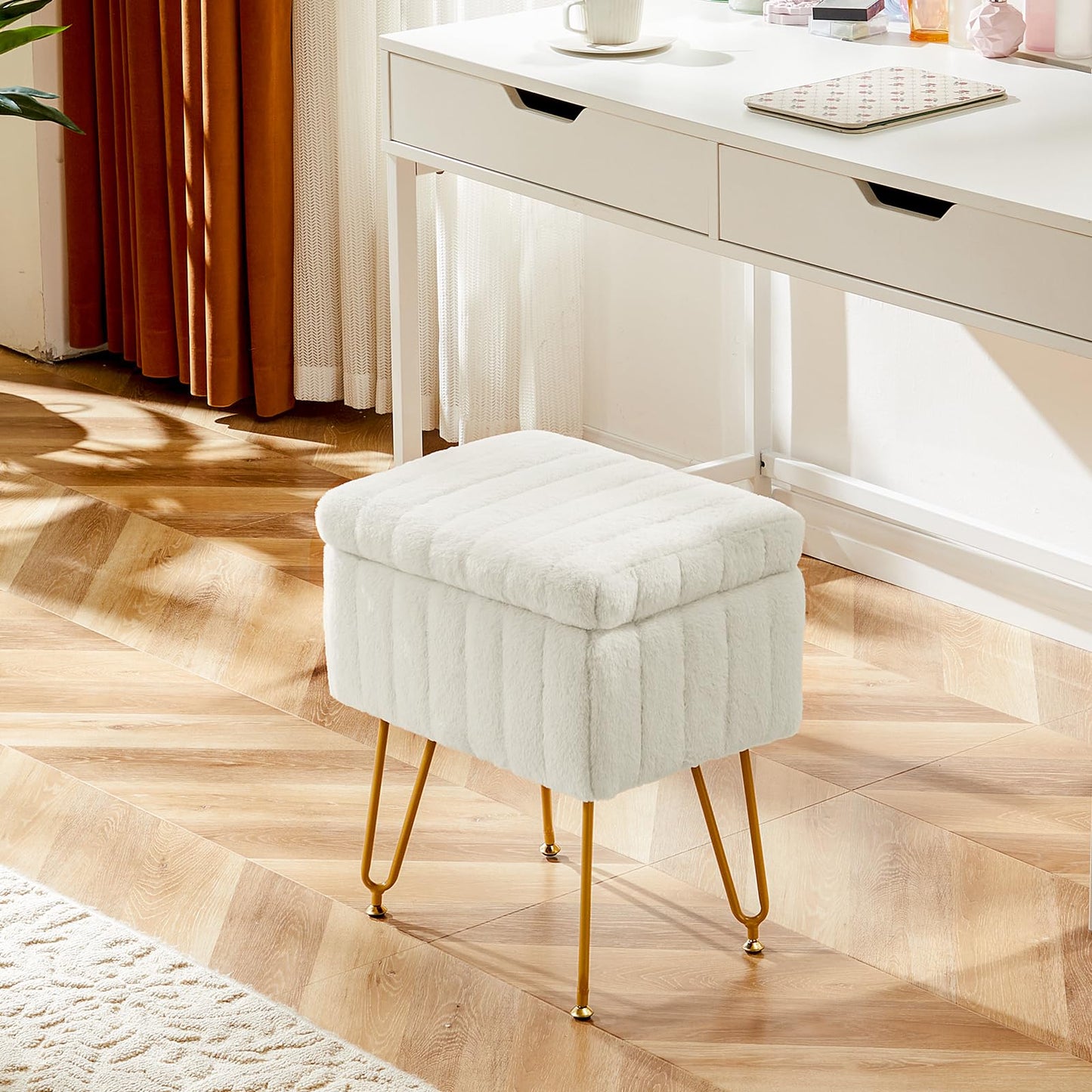 NEWBULIG Vanity Stool Chair with Storage – Faux Fur Padded Makeup Ottoman, Modern Foot Rest Chair for Bedroom, 15.7" L x 11.8" W x 19.4" H, 4 Metal Legs with Anti-Slip Feet, White