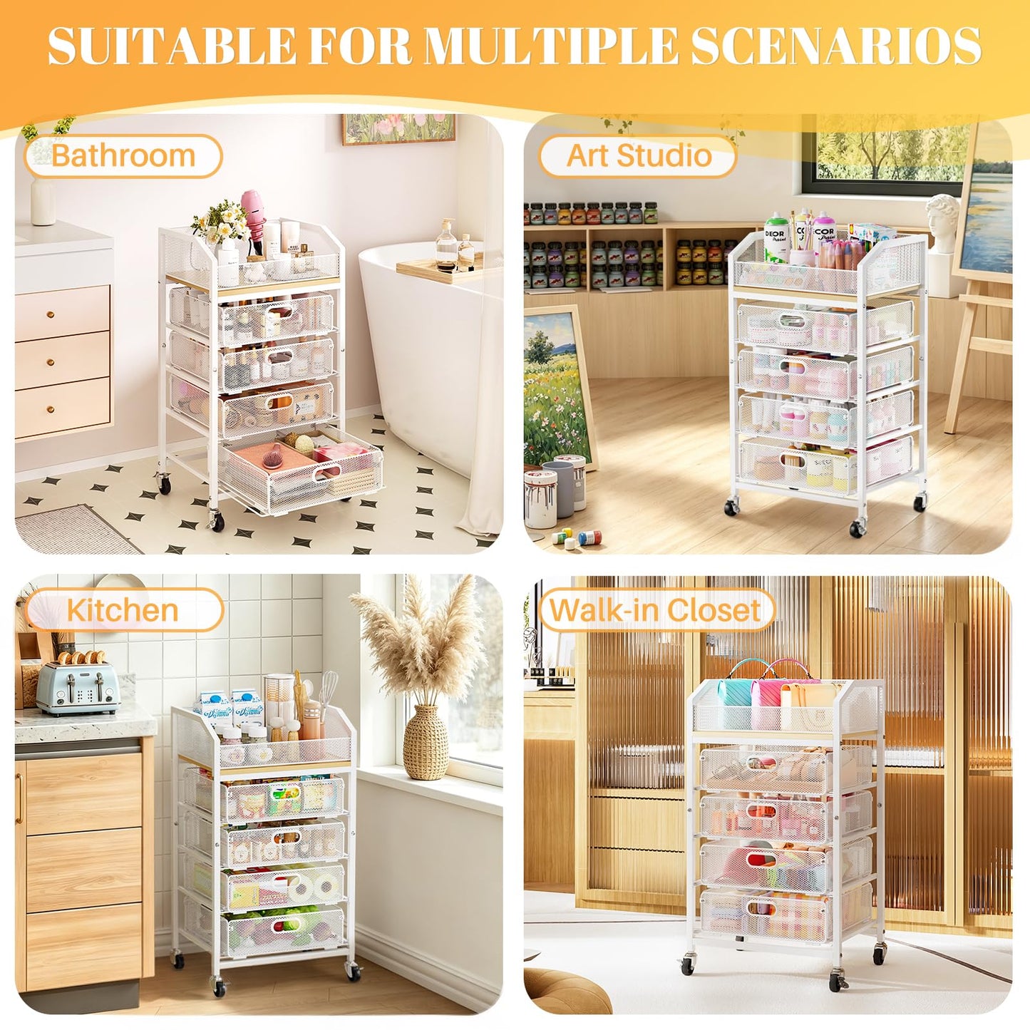 SUNALLY Makeup Organizer Cart with 4 Drawers, Rolling Makeup Storage Cart Metal Skincare Organizers, Large Vanity Storage Organizer Cosmetics Display Cases for Skin Care Perfume Nail Polish, White