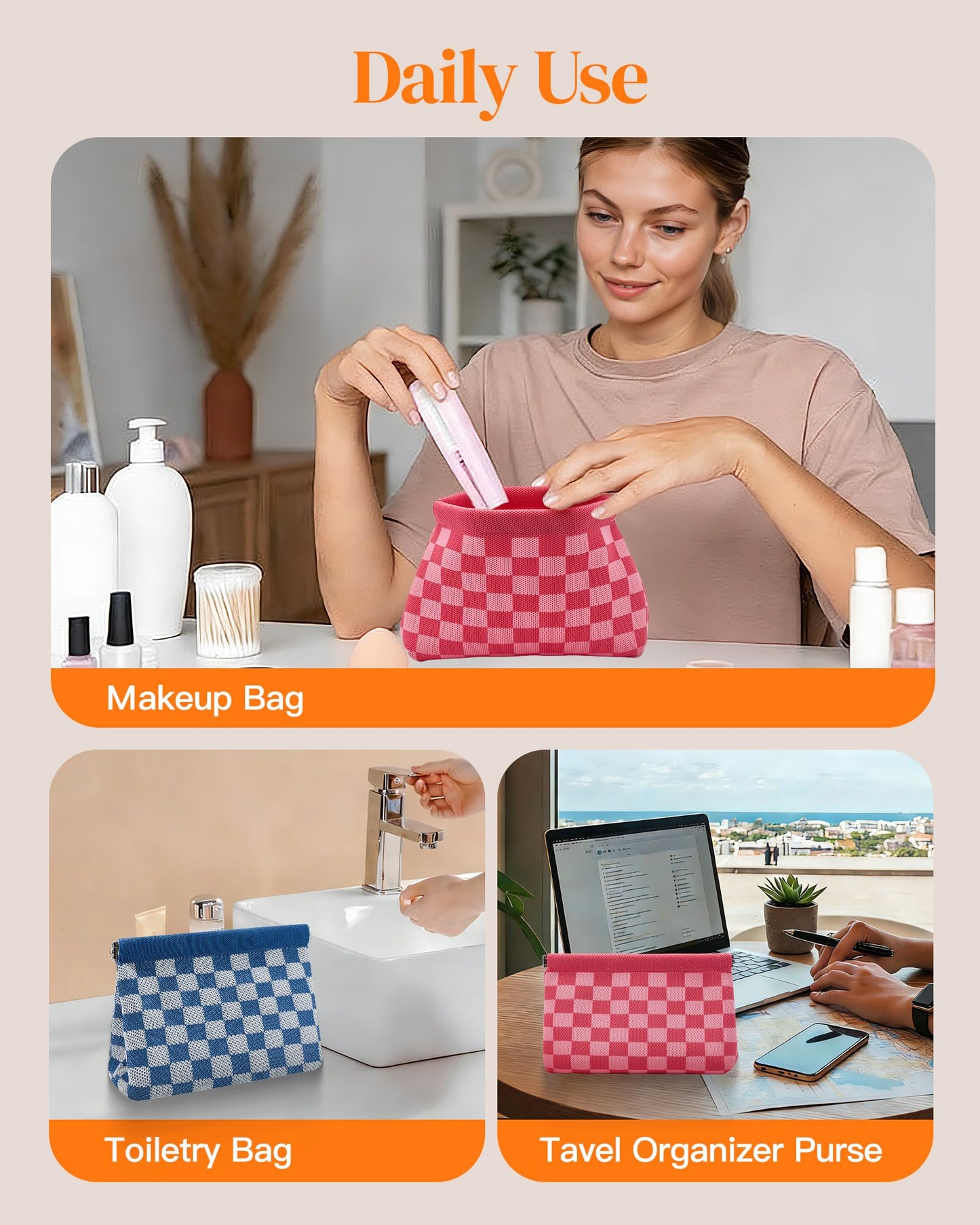 bohunono Small Makeup Bag for Purse,Cute Travel Makeup Pouch, Perfect Cosmetic & Toiletry Bag for Women, Lipstick Case & Brush Holder, Mini Vanity Organizer(LA_Black-Beige)