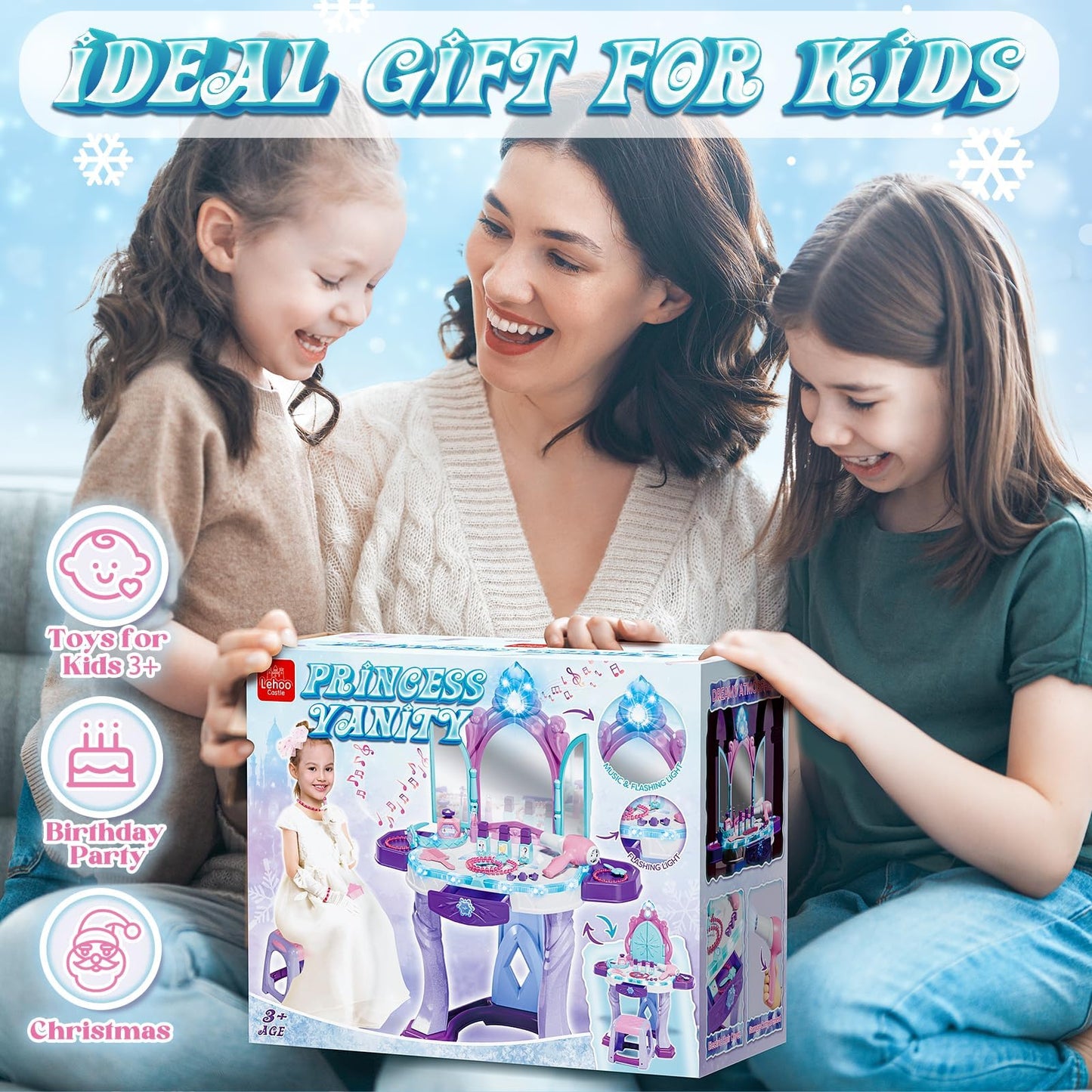 Lehoo Castle Kids Vanity Table and Chair Set, Girls Makeup Table with Mirror Stool Lights Music, Toddler Pretend Play Vanity Set for Princess Dress Up, Girl Toys Gifts for Age 3 4 5 Years Old