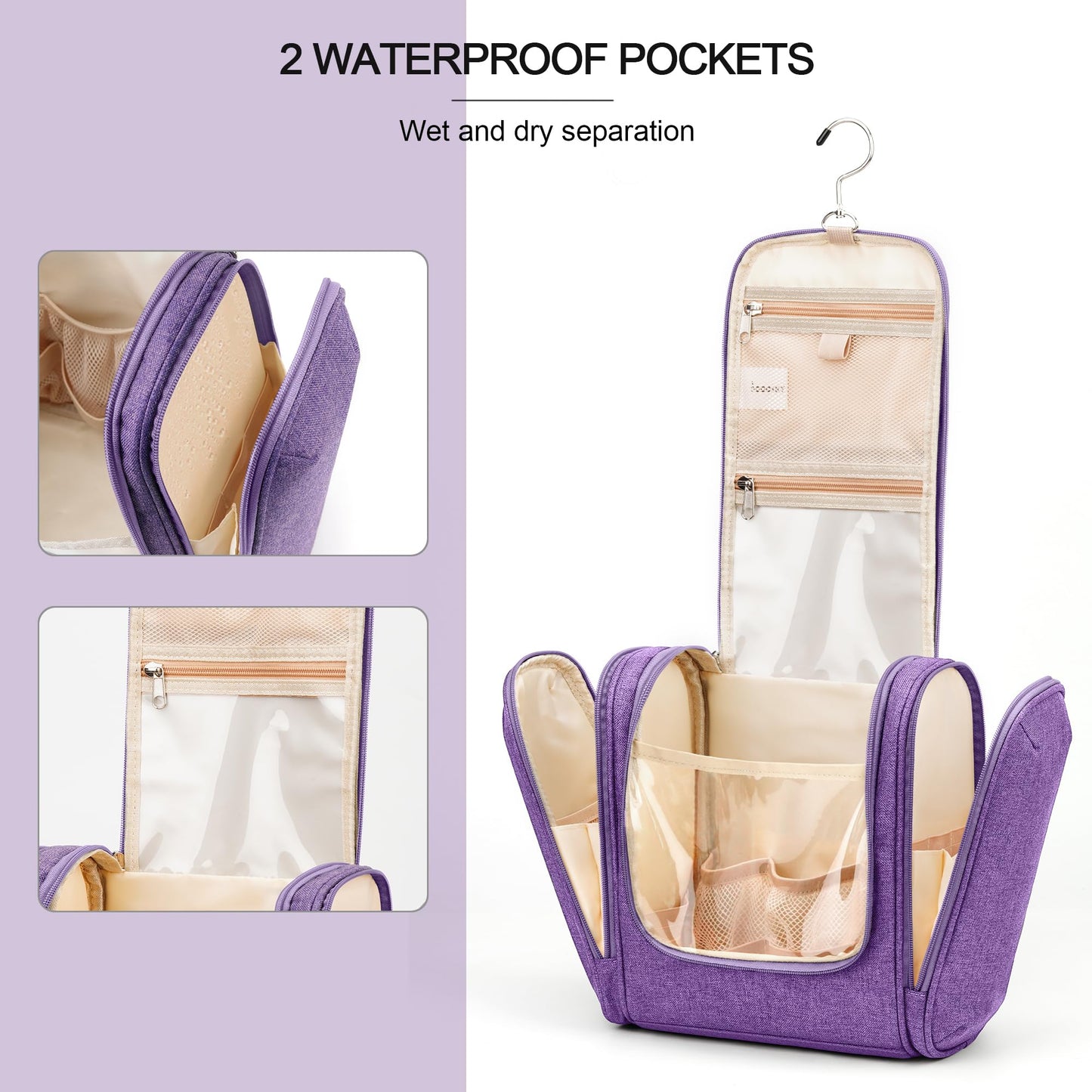 Travel Hanging Toiletry Bag for Women and Men, 6 Organizer Compartments, Holds Full Size Bottles, Extra Large Cosmetic Accessories, Makeup essentials, Bathroom Water-resistant Toiletries Bag, Purple