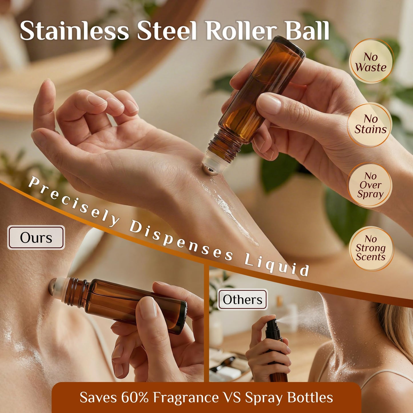 PrettyCare Set of 24, 10 ml Amber Glass Roller Bottles for Essential Oil with Stainless Steel Roller Ball - Refillable Leak-proof Empty Roll on Bottles with Black Caps for Travel, Perfume,Lab
