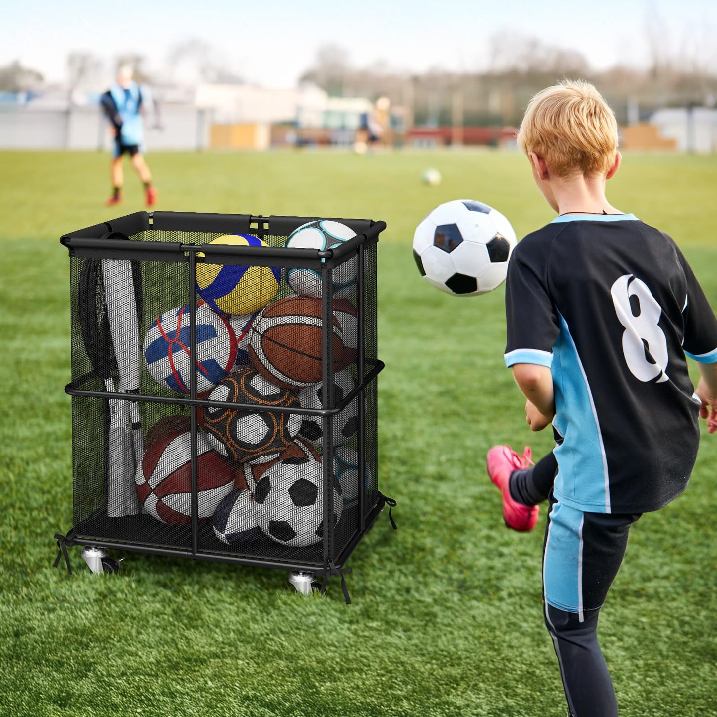 smusei Ball Storage Bin Rolling Sports Ball Storage Cart Garage Sports Equipment Organizer Rack with Wheels Outdoor Basket Ball Cage for Garage, School, Gym, Yoga Room